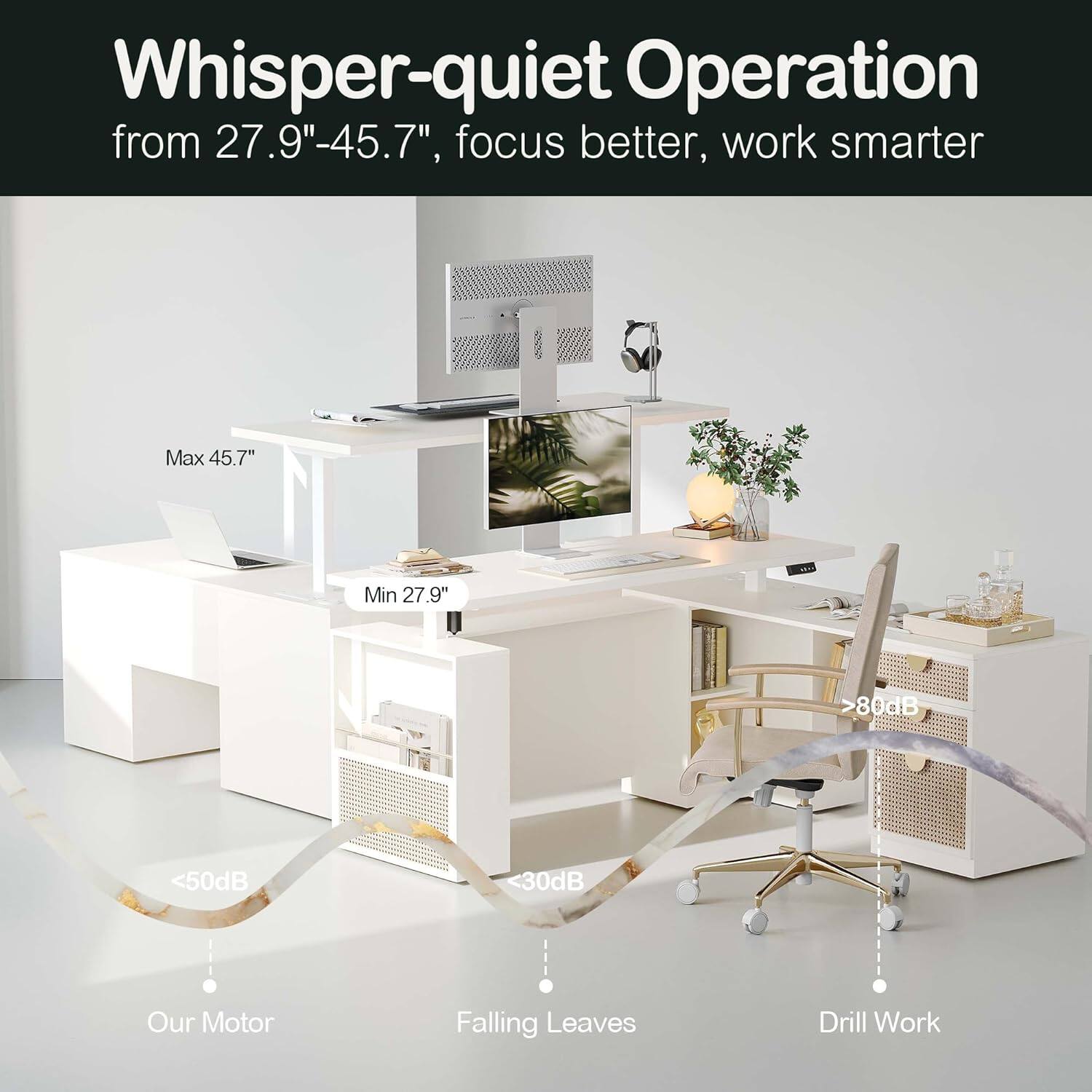 Whisper-quiet Operation from 27.9"-45.7", focus better, work smarter

Max 45.7"
Min 27.9"

>80dB
<50dB
<30dB

Our Motor
Falling Leaves
Drill Work