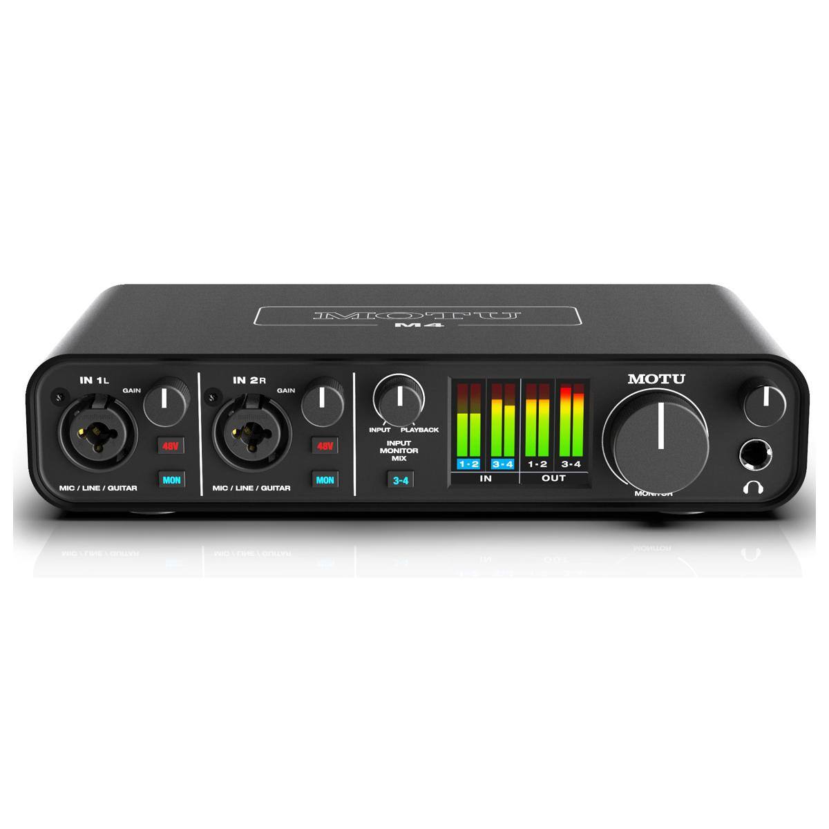 IN 1L GAIN  
IN 2R GAIN  
MIC / LINE / GUITAR  
MON  
INPUT PLAYBACK  
MIX  
3-4  
1-2  
IN  
OUT  
MOTU  
MOTU M4