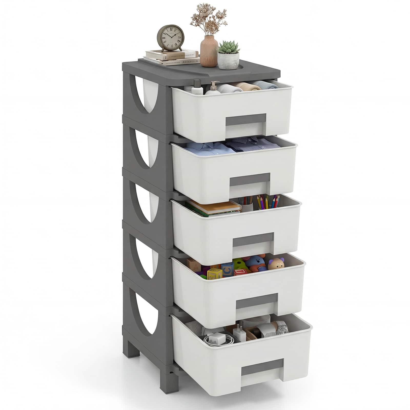 Costway - 1 Pcs Storage File Cabinet, Plastic Storage Organizer with Handles,Compact Drawer Cabinet - White + Gray
