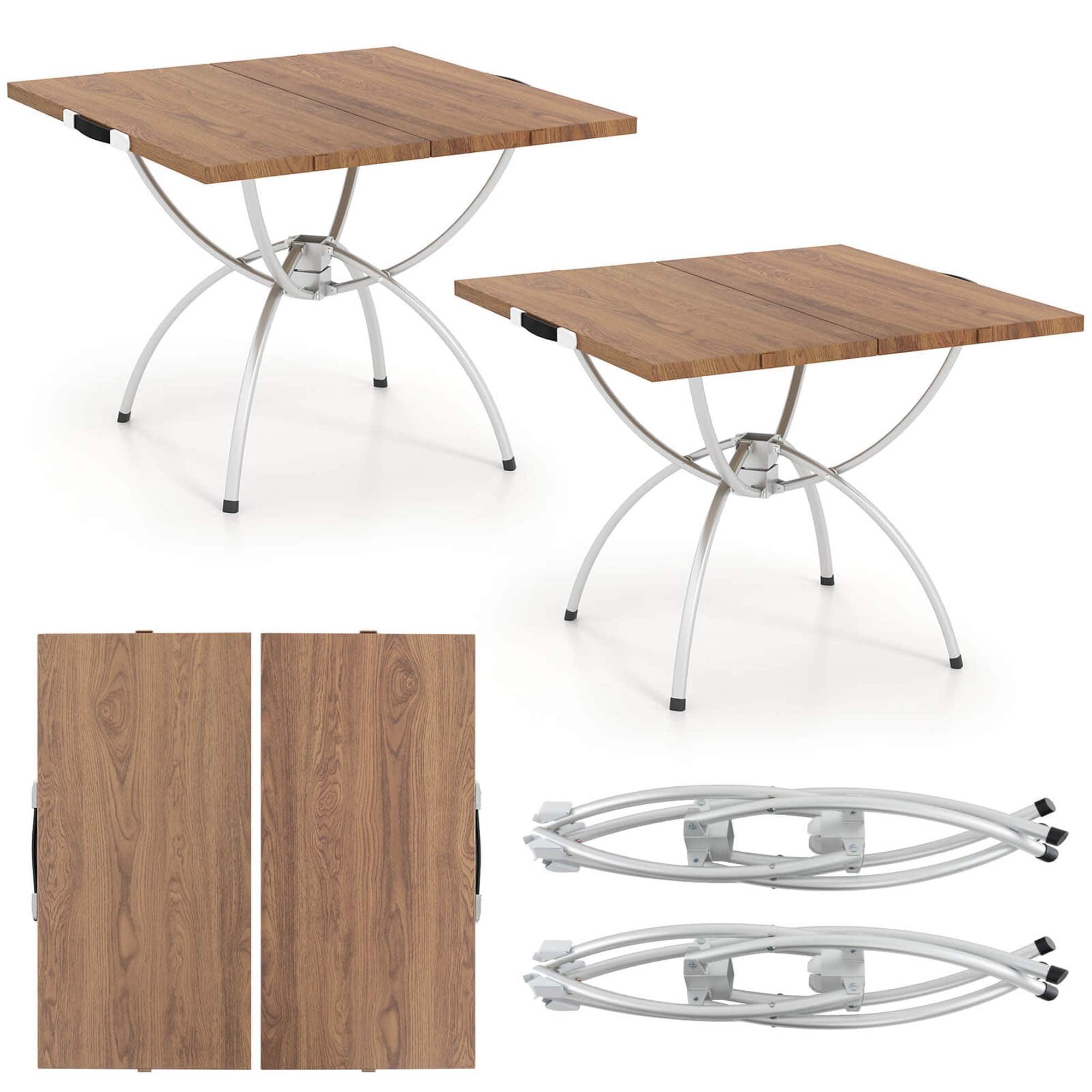 Costway - 2 Pack Folding Camping Table with Wood-grain Tabletop Aluminum Frame Carrying Bag Patented - Natural,Silver