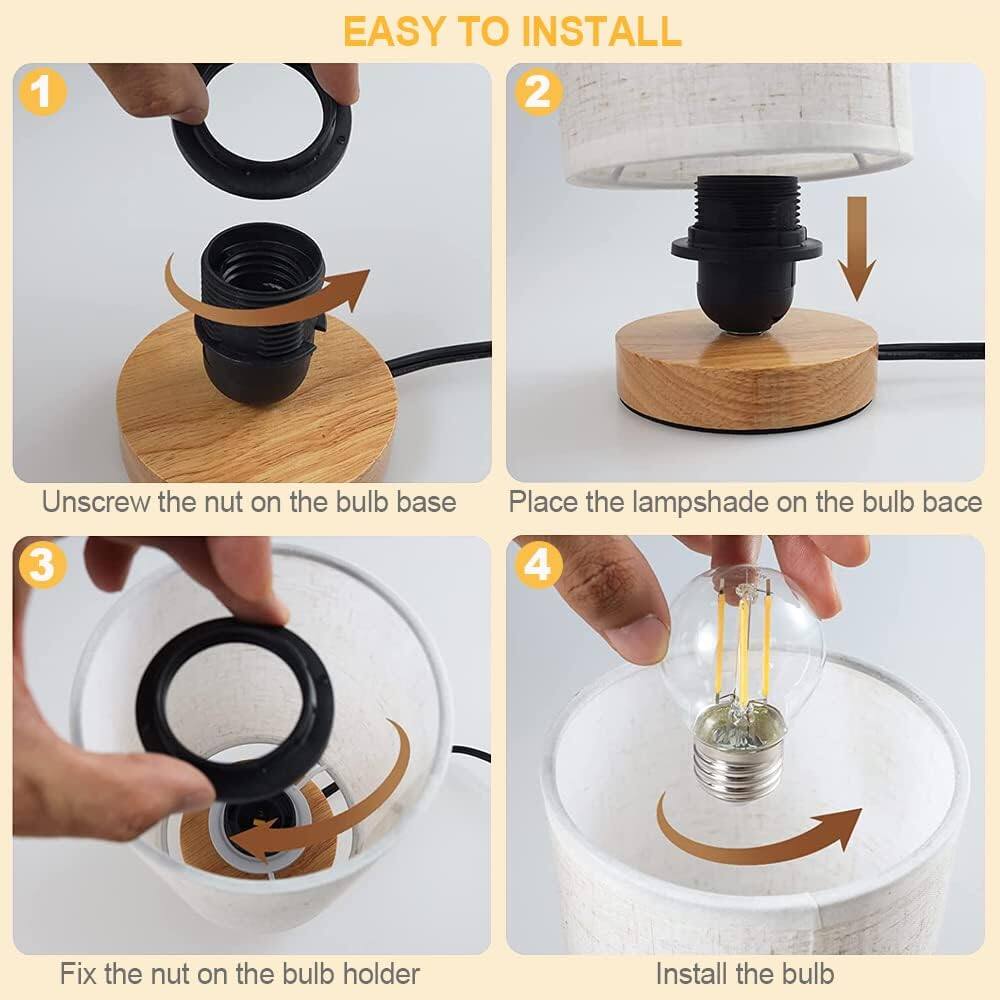 1. Easy to Install
2. Unscrew the nut on the bulb base
3. Place the lampshade on the bulb base
4. Fix the nut on the bulb holder
5. Install the bulb