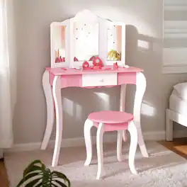 Kadyn - Kid's Wooden Vanity Table and Stool Set with 3-Panel Acrylic Mirror-White, Kids Makeup Vanity for Girls Kids - Pink