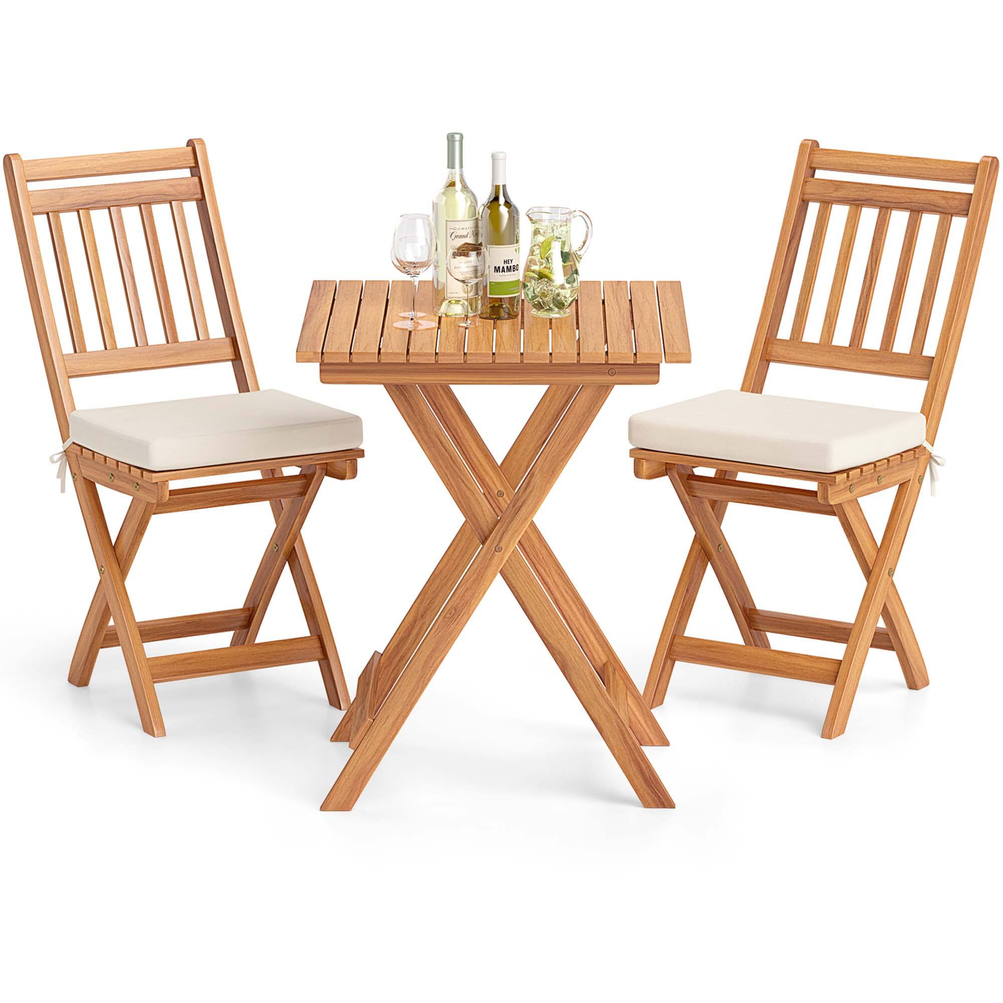 Front. Gymax - Gymax 3-Piece Folding Bistro Set w/ Removable Seat Cushions Outdoor Table & Chairs - Natural.