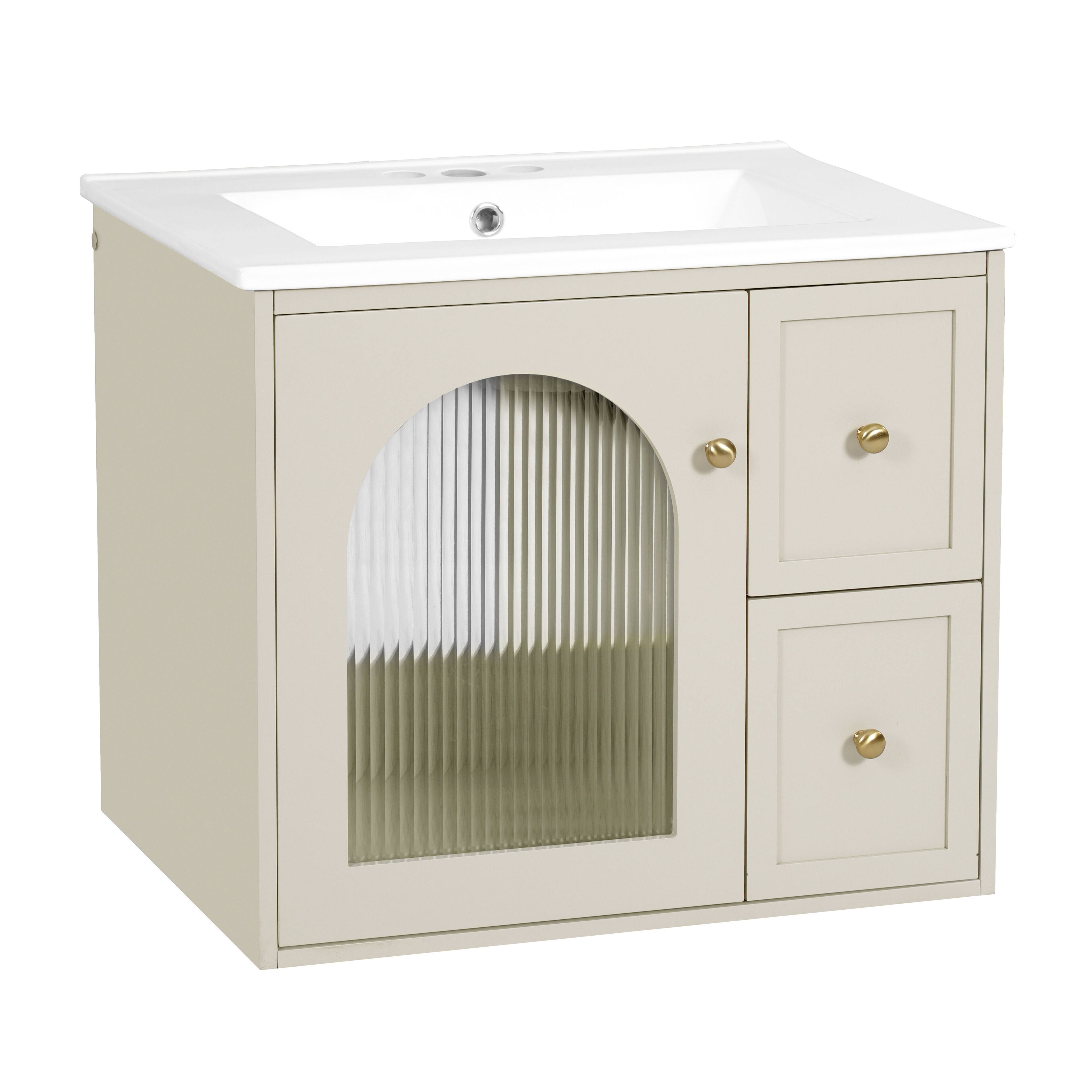 Alt View 9. Boyel Living - 24 Inch Wall Mounted Bathroom Vanity with Ceramic Sink Two Drawers One Door Beige - Off-white.