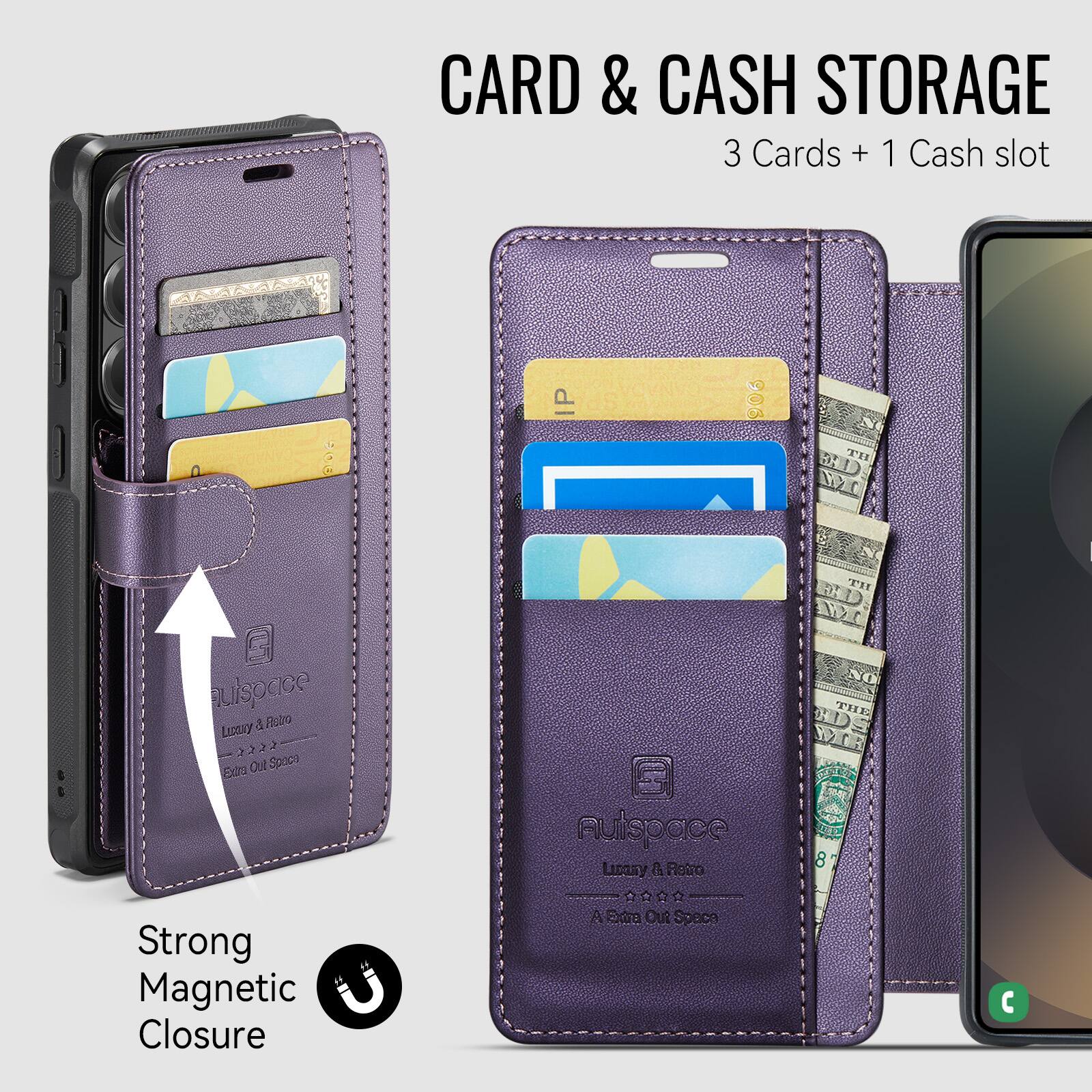 CARD & CASH STORAGE  
3 Cards + 1 Cash slot  

Strong Magnetic Closure  

Auispace  
Luxury & Retro  
A Extra Our Space