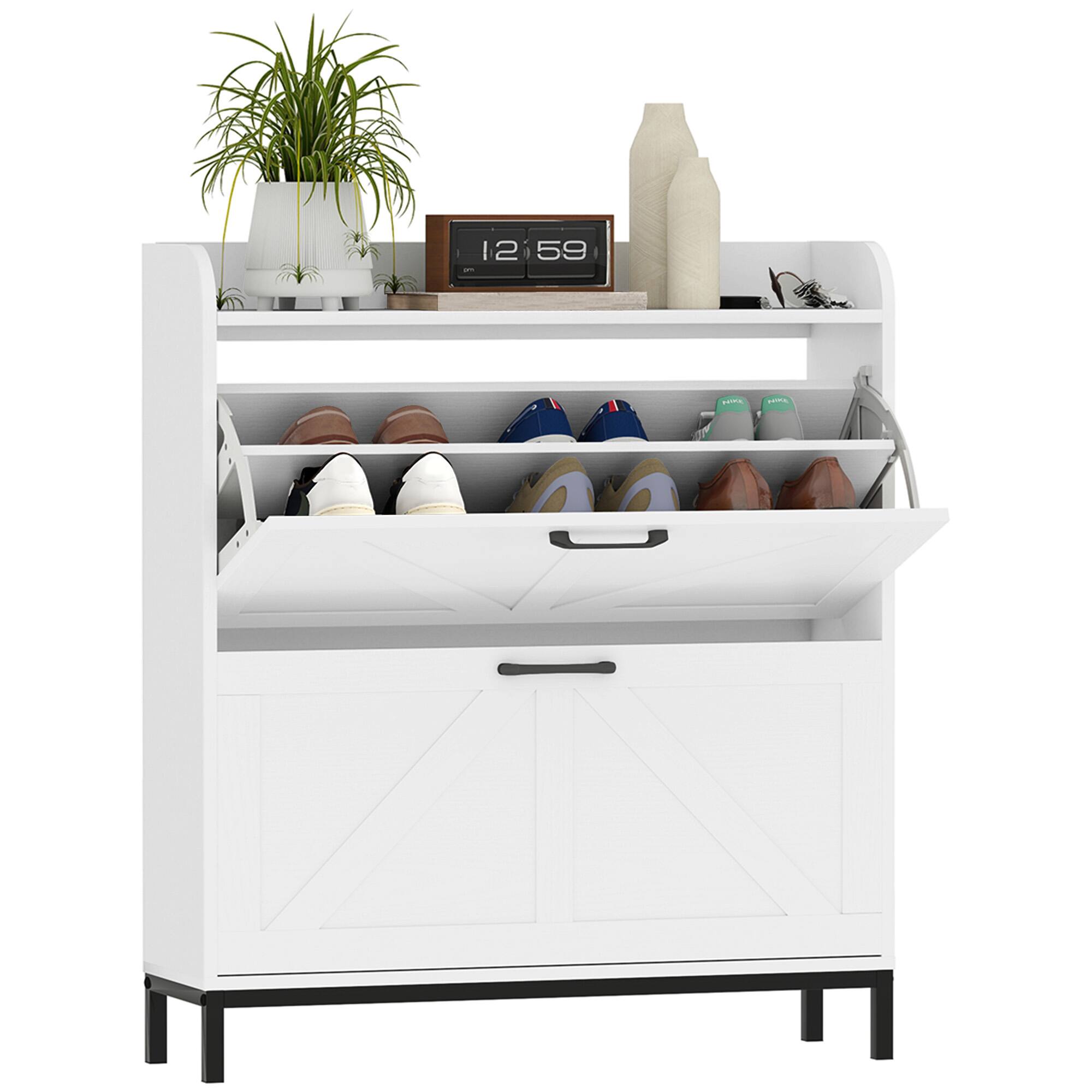 Homcom - Shoe Storage Cabinet with 2 Flip Drawers, Legs, Farmhouse Freestanding Narrow Shoe Cabinet - White
