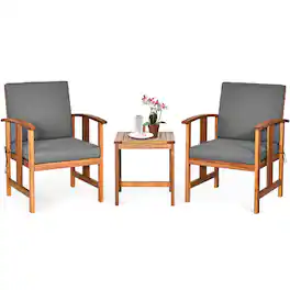 Costway - 3PCS Solid Wood Patio Furniture Set Table&Chairs Grey Cushion - Grey,Natural