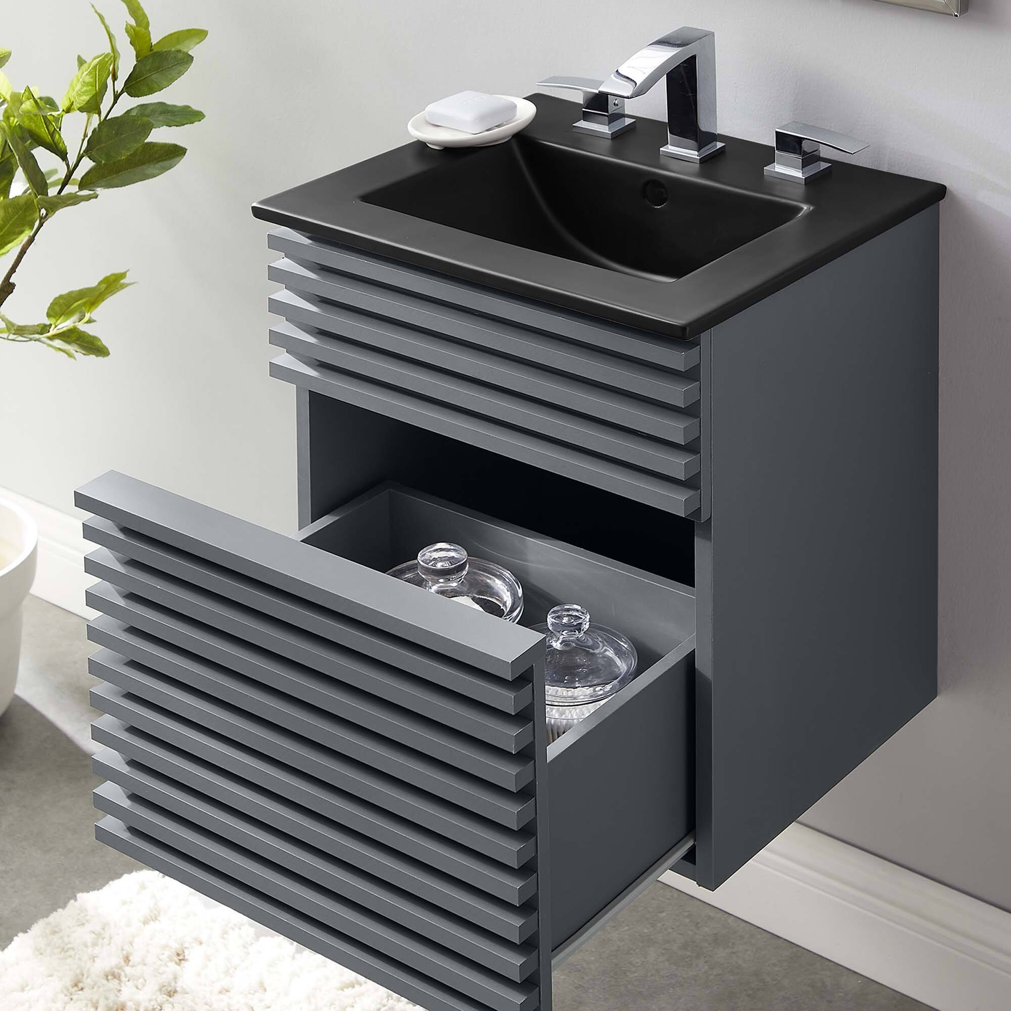 Back. Modway - Render Wall-Mount Bathroom Vanity with Black Basin Included - Gray Black.