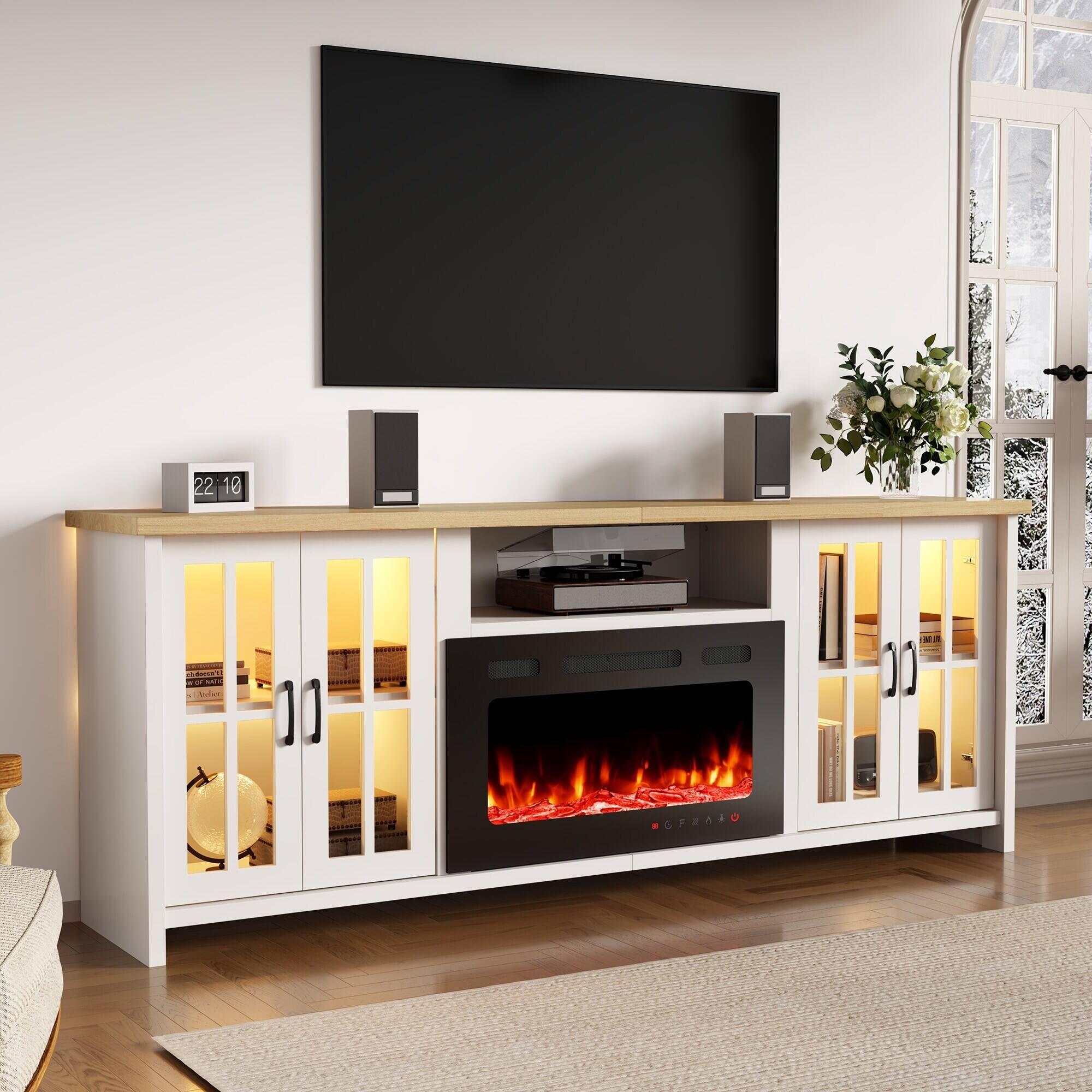 Back. U-HOMY - 78" Fireplace TV Stand with 30" Electric Fireplace, Glass Door Media Console with LED Lights - White.