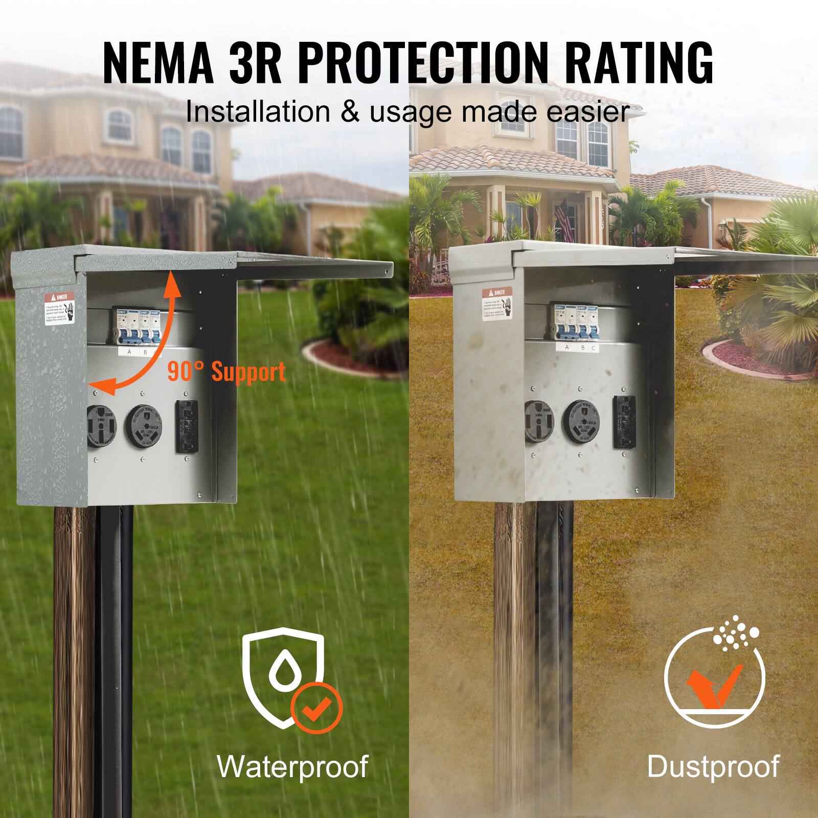 NEMA 3R PROTECTION RATING  
Installation & usage made easier  

90° Support  

Waterproof  
Dustproof
