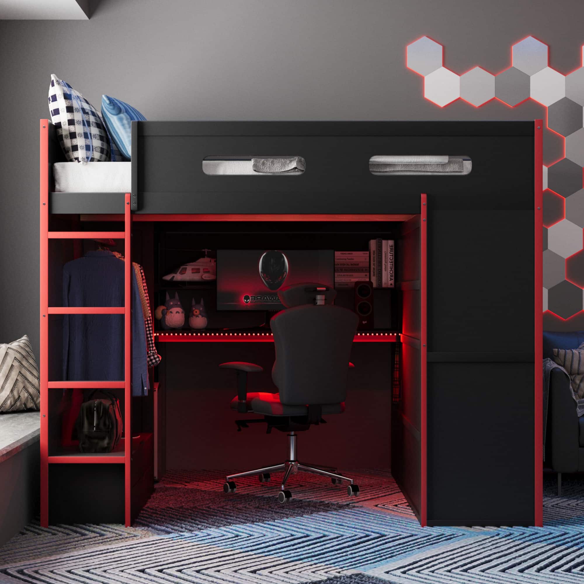 Anysun - Full Size Wood Loft Bed with Desk,Wardrobe,Ample Storage Space,and RGB Light - Red