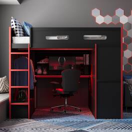 Anysun - Full Size Wood Loft Bed with Desk,Wardrobe,Ample Storage Space,and RGB Light - Red