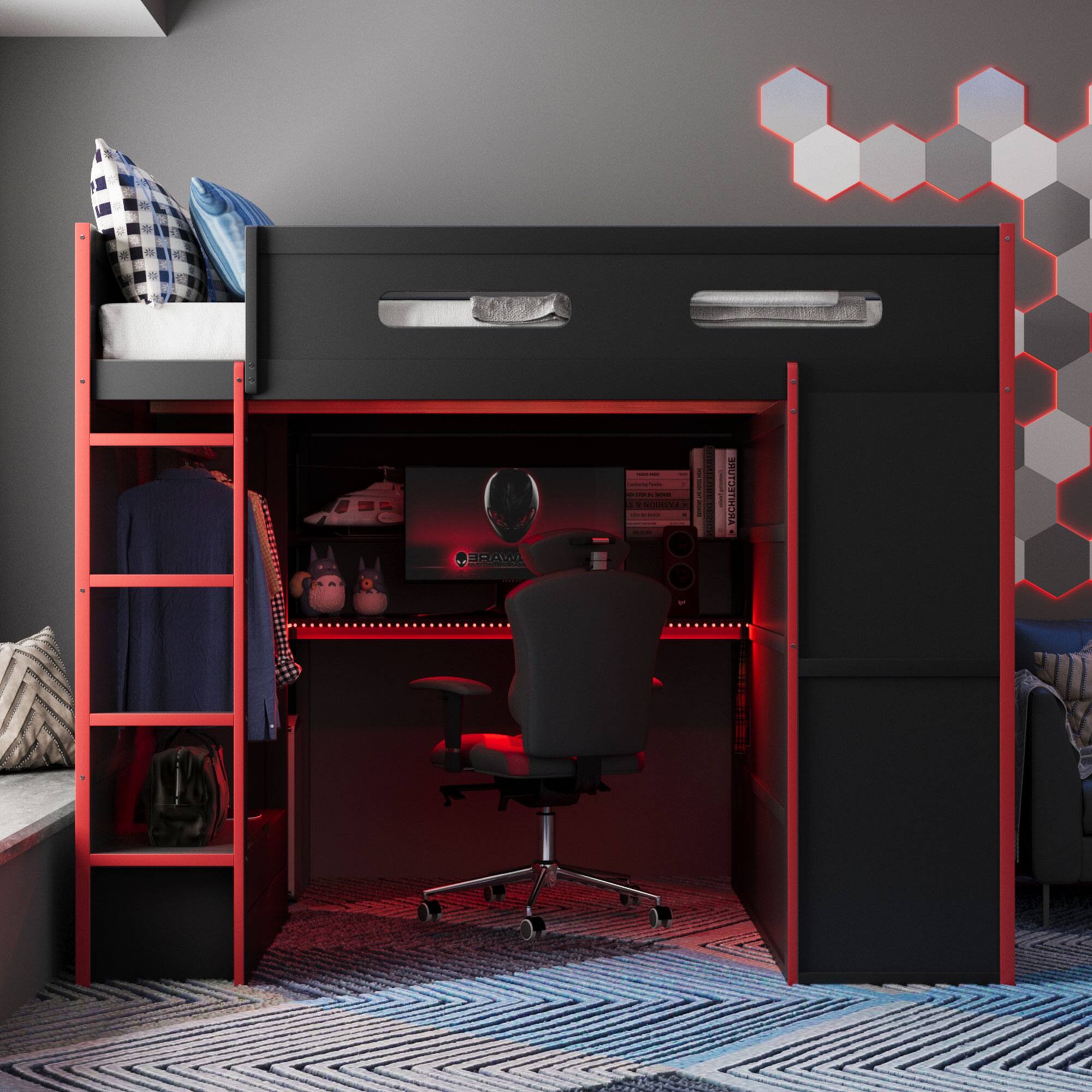Front. Anysun - Full Size Wood Loft Bed with Desk,Wardrobe,Ample Storage Space,and RGB Light - Red.