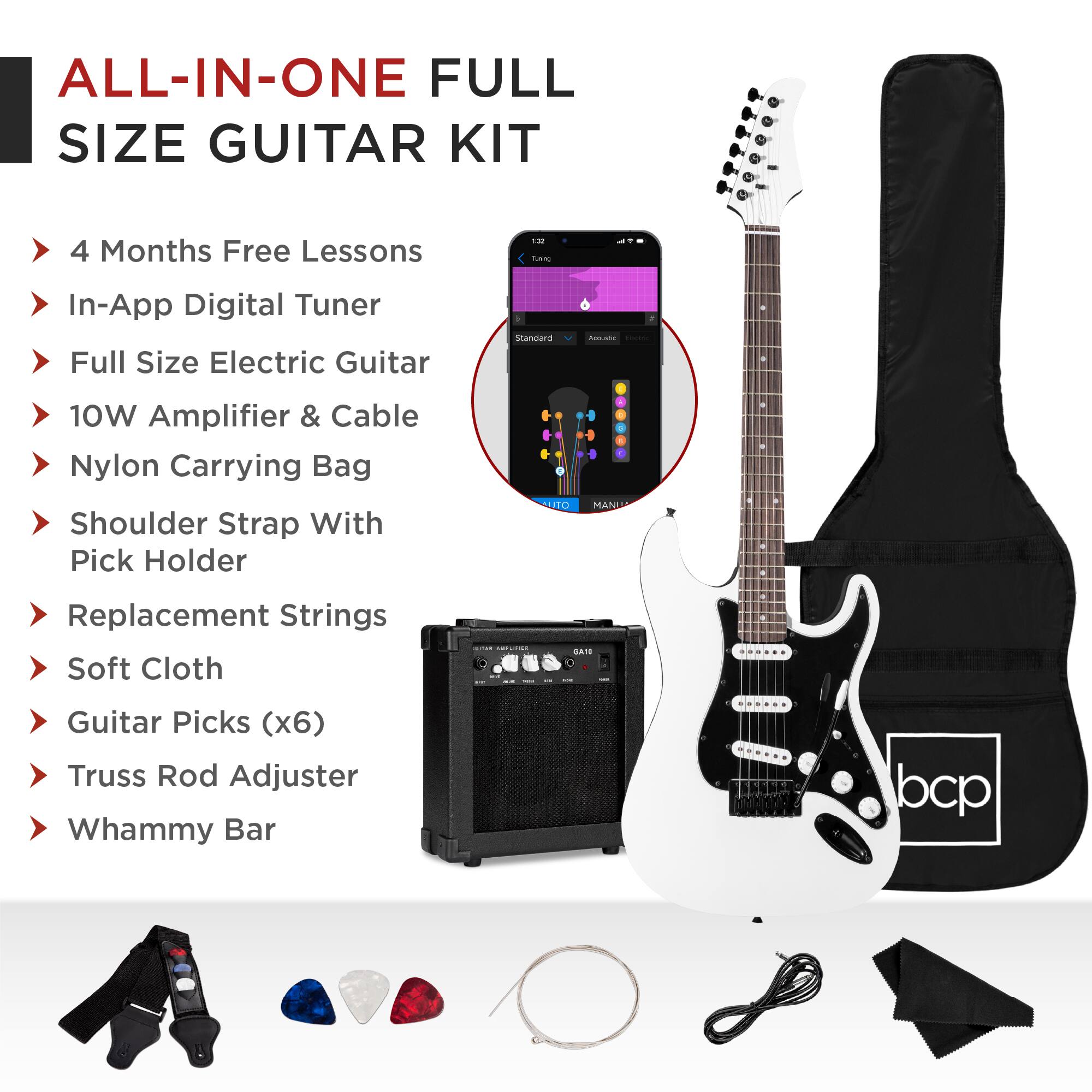 ALL-IN-ONE FULL SIZE GUITAR KIT

- 4 Months Free Lessons
- In-App Digital Tuner
- Full Size Electric Guitar
- 10W Amplifier & Cable
- Nylon Carrying Bag
- Shoulder Strap With Pick Holder
- Replacement Strings
- Soft Cloth
- Guitar Picks (x6)
- Truss Rod Adjuster
- Whammy Bar