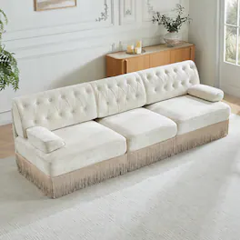 Anysun - 3-Seat Velvet Sofa - Pet-Friendly, Tassel Skirt, Button Tufted, Wood Base, Free Combination for Living Room & Bedroom - White