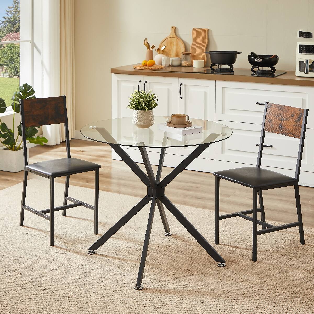 Loheer 35 inch Round Tempered Glass Dining Table with Metal Legs Black ...