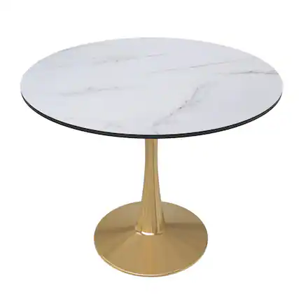 Front. LeisureMod - Bristol 31" Round Minimalist Dining Table, Sintered Stone or MDF Top - Space-Saving Pedestal Base Kitchen & Cafe Table - MDF - Marbled White.