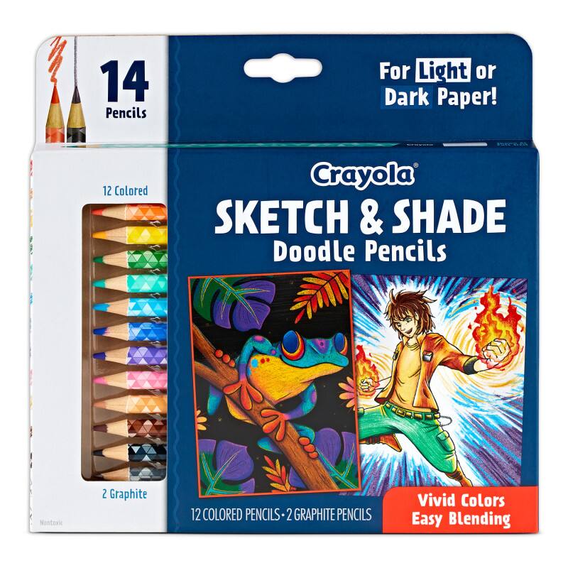 14 Pencils For Light or Dark Paper!  
12 Colored Crayola SKETCH & SHADE Doodle Pencils  
2 Graphite Pencils  
12 COLORED PENCILS - 2 GRAPHITE PENCILS  
Vivid Colors Easy Blending