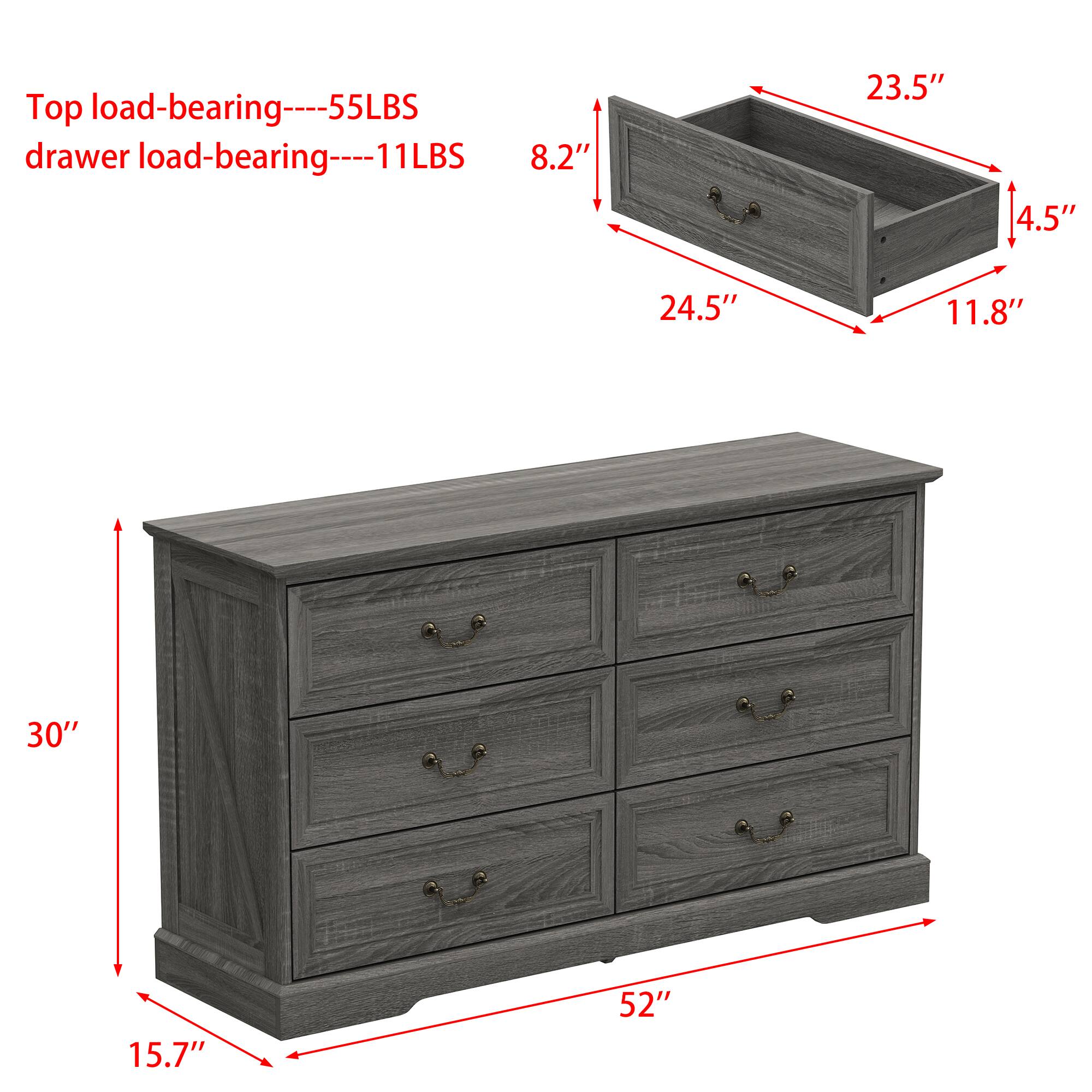Top load-bearing: 55LBS  
Drawer load-bearing: 11LBS  

Dimensions:  
- Width: 52"  
- Height: 30"  
- Depth: 15.7"  
- Drawer Width: 24.5"  
- Drawer Height: 11.8"  
- Drawer Depth: 23.5"  
- Drawer Front Height: 4.5"  
- Drawer Front Width: 8.2"