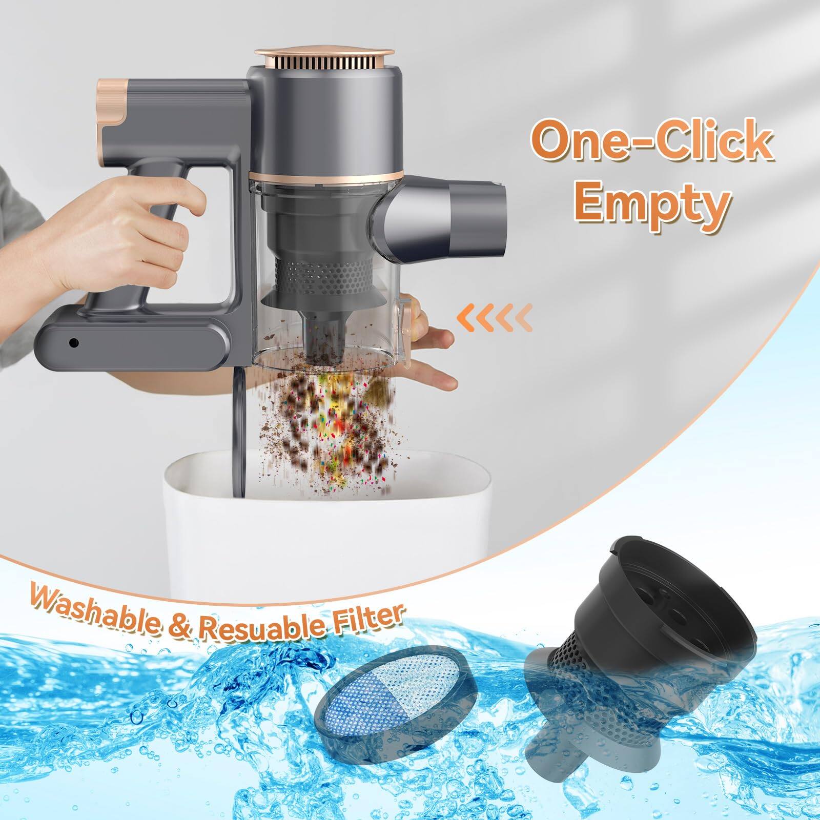One-Click Empty

Washable & Reusable Filter