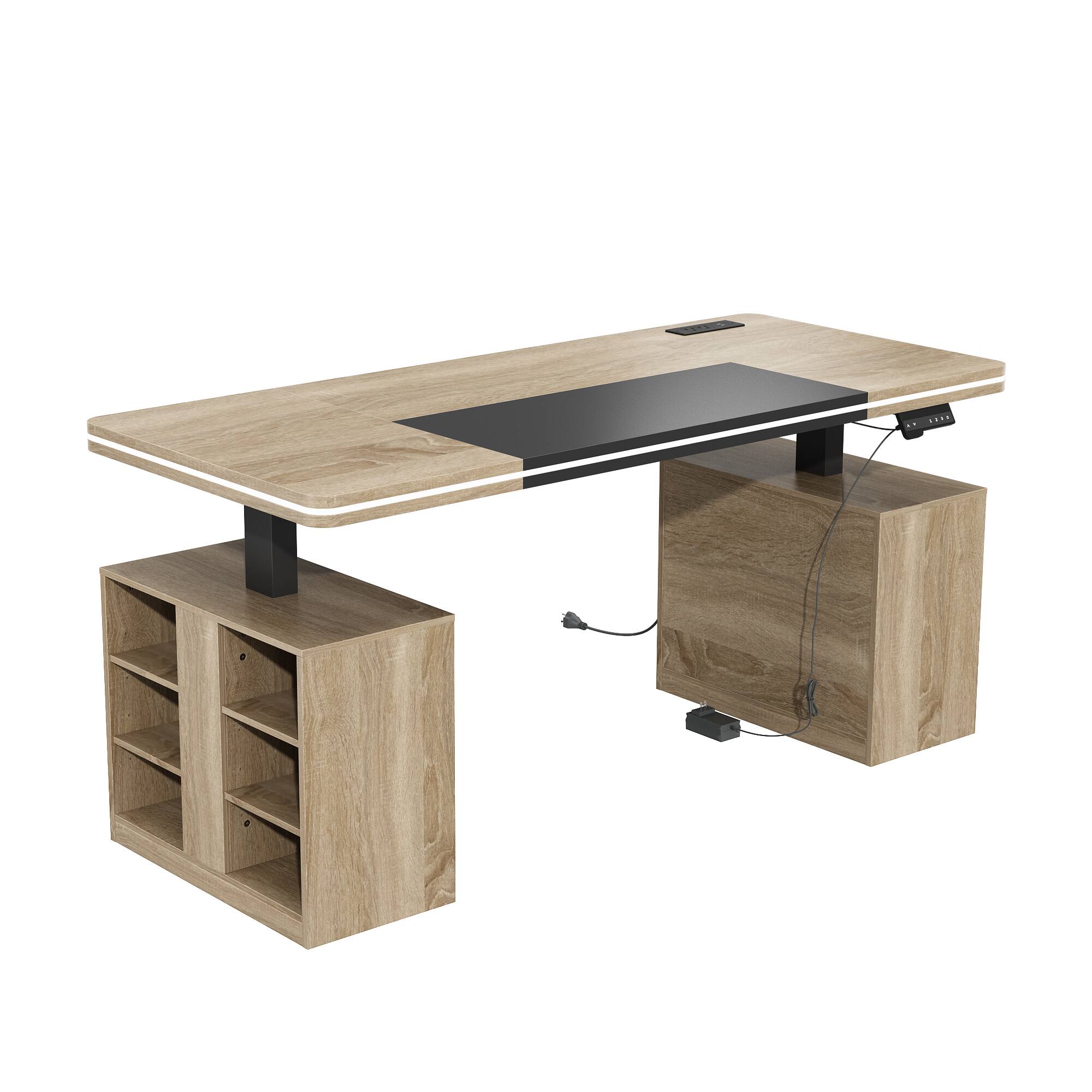 Alt View 10. Famapy - Electric Height Adjustable Desk with RGB Light & Dual Storage –Swappable Cabinets,2AC+3USB Outlet,Sit Stand Workstation - Wooden.