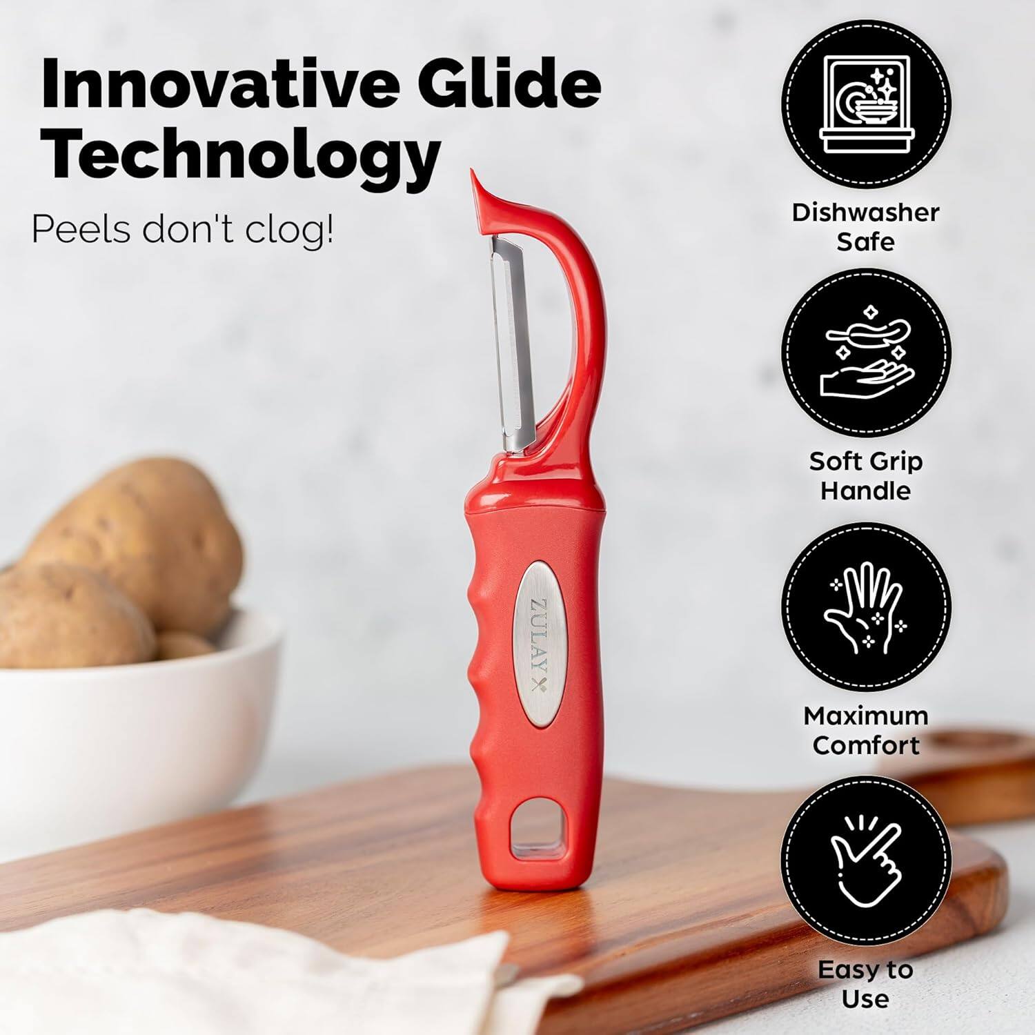 Innovative Glide Technology  
Peels don't clog!  
Dishwasher Safe  
Soft Grip Handle  
Maximum Comfort  
Easy to Use
