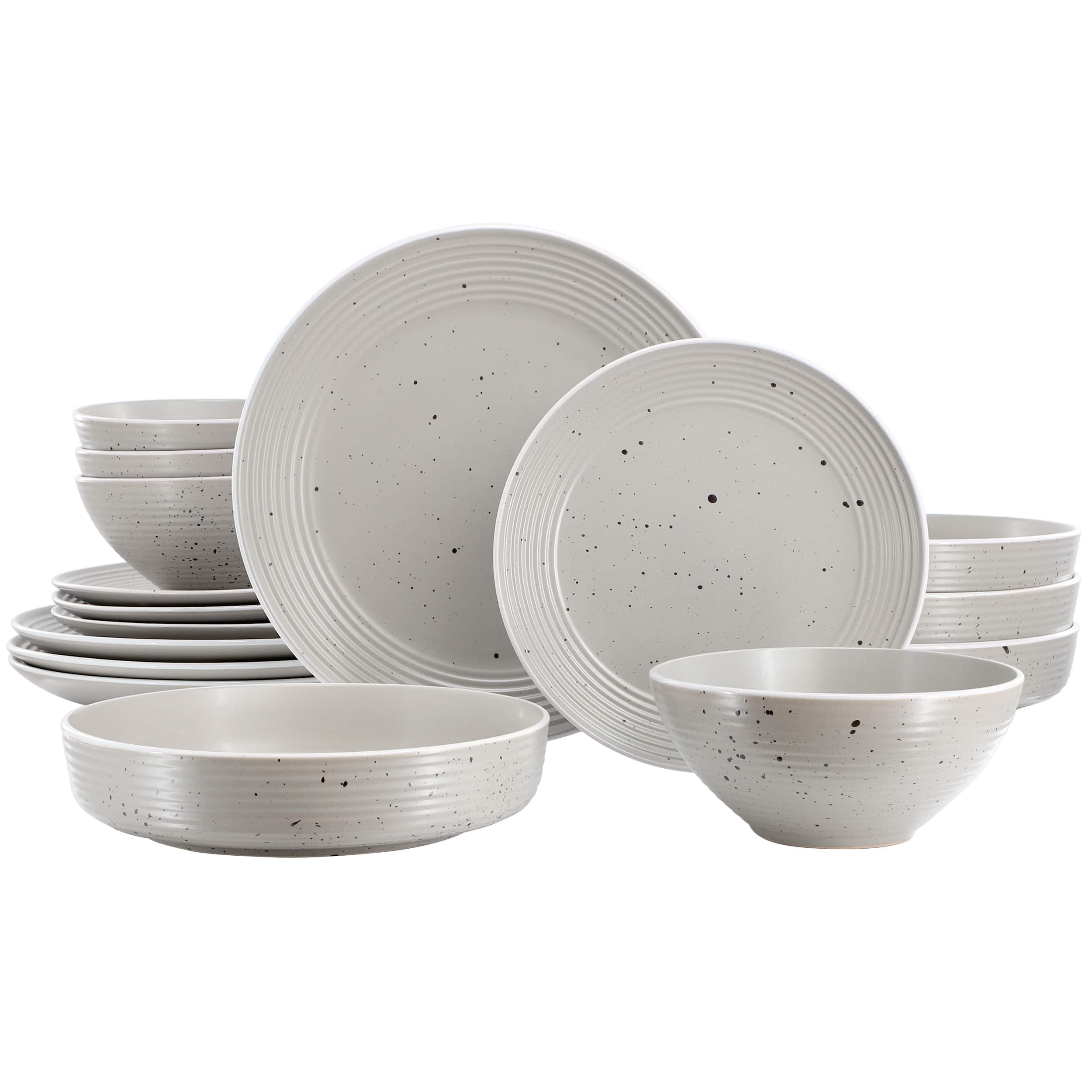 Elama - Emilia 16 Piece Double Bowl Stoneware Dinnerware Set - Light Gray