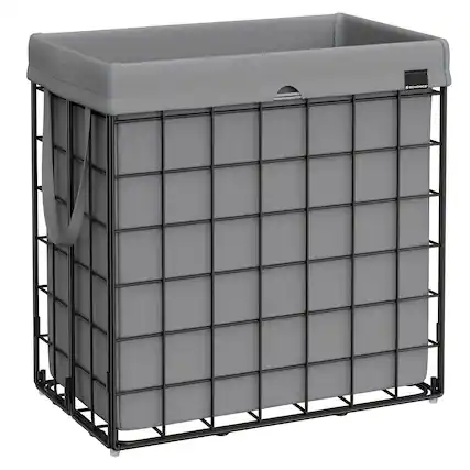 Front. Songmics Home - 110L Laundry Basket, Collapsible Washing Basket, Laundry Hamper, Removable and Washable Liner, Metal Wire Frame - Black and Gray.