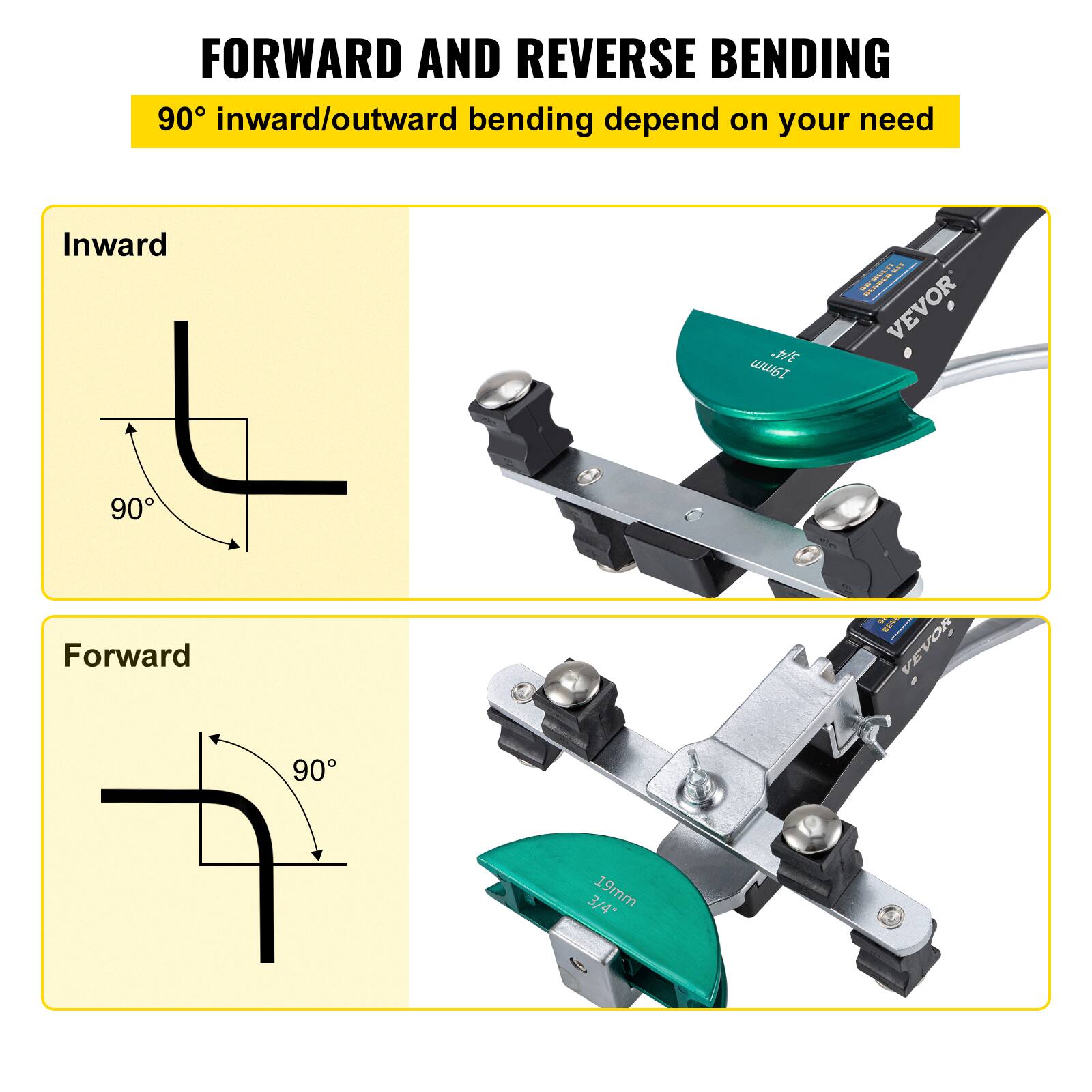 FORWARD AND REVERSE BENDING  
90° inward/outward bending depend on your need  

Inward  
90°  

Forward  
90°  

VEVOR  
19mm 3/4"