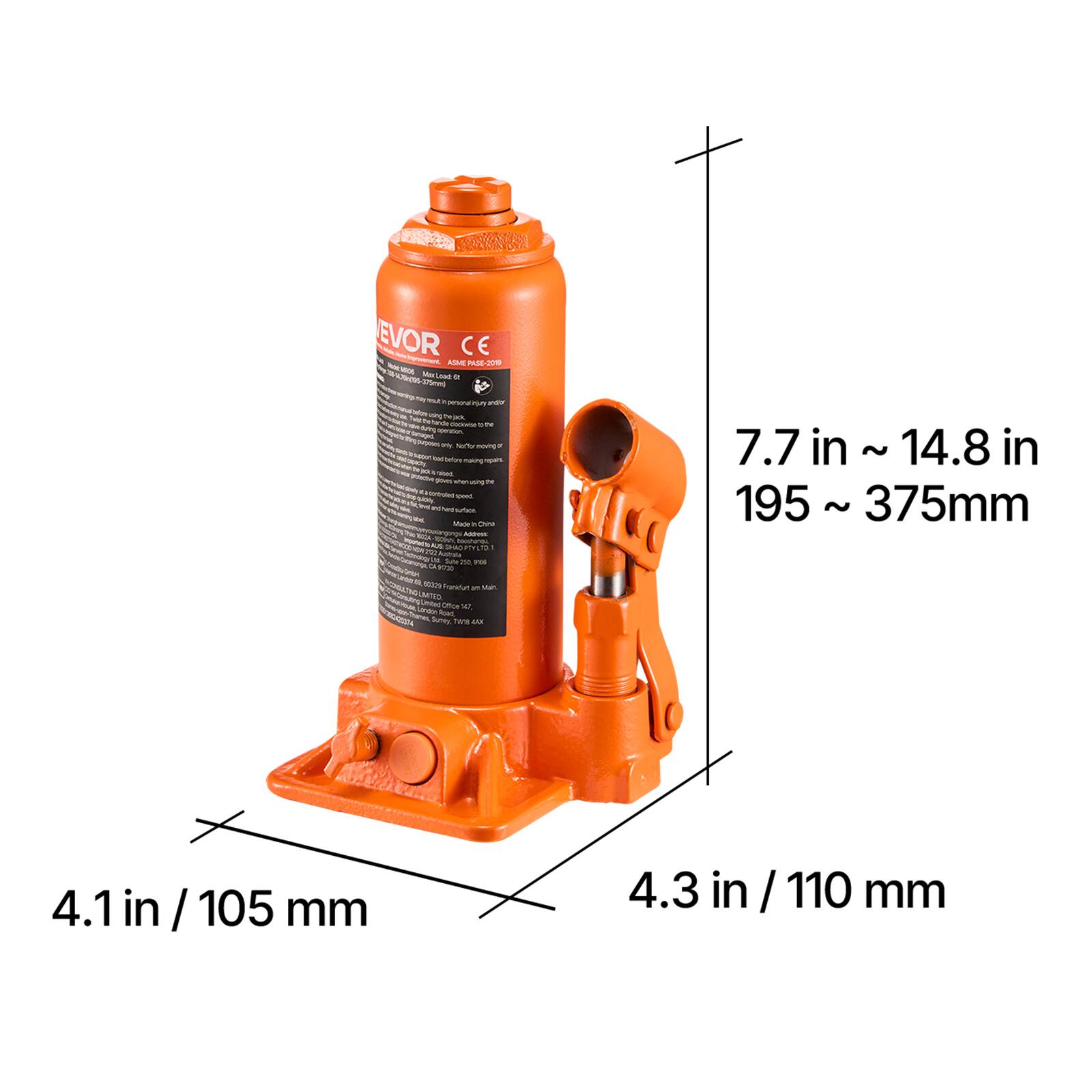 EVOR - CE  
ADHESIVE PACK - 2019  
Made in China  

7.7 in ~ 14.8 in  
195 ~ 375mm  

4.1 in / 105 mm  
4.3 in / 110 mm