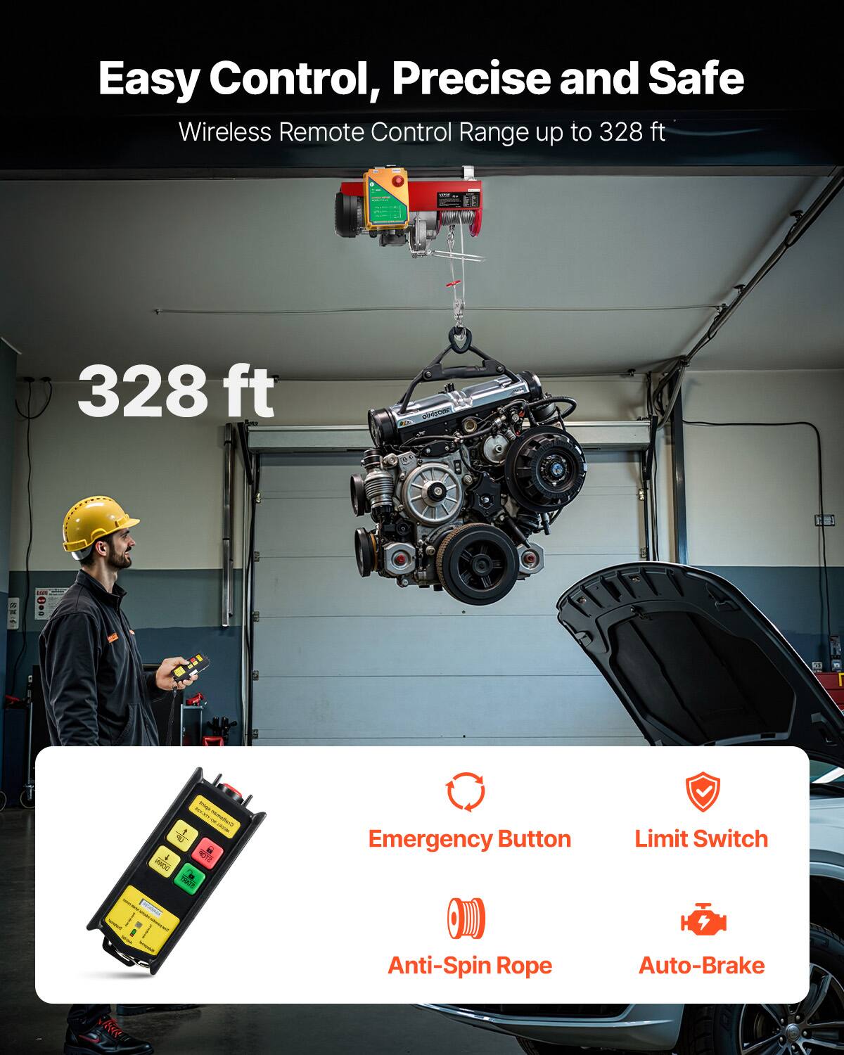 Easy Control, Precise and Safe  
Wireless Remote Control Range up to 328 ft  
328 ft  
QUISCOP  
TOURS Crafforman ARTIFICIAL E DOWN STOP START  
Emergency Button  
Limit Switch  
Anti-Spin Rope  
Auto-Brake