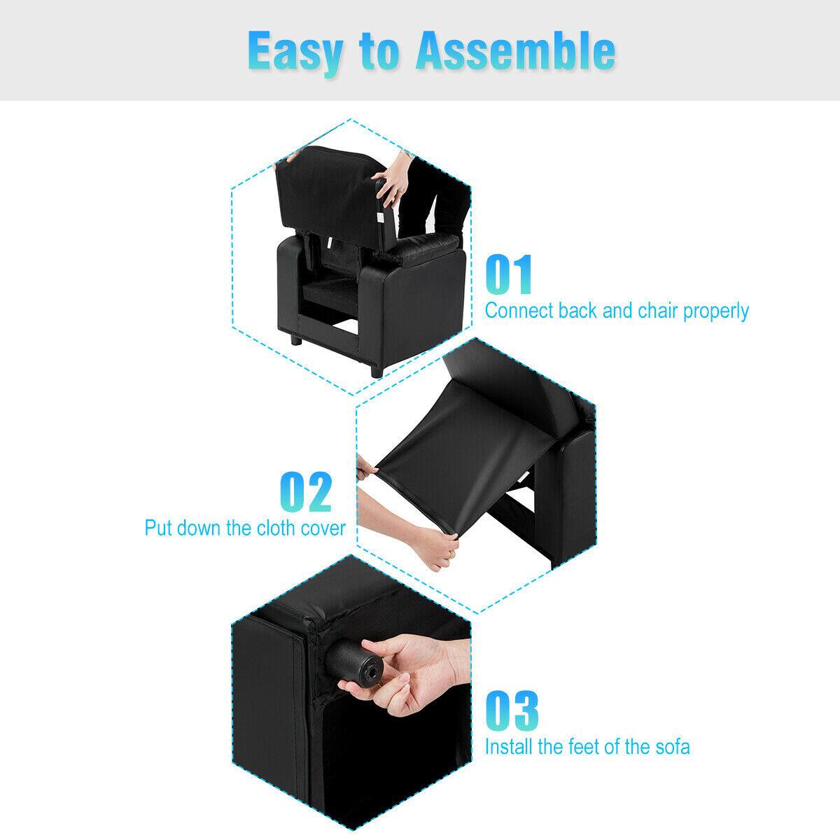 Easy to Assemble

01 Connect back and chair properly

02 Put down the cloth cover

03 Install the feet of the sofa