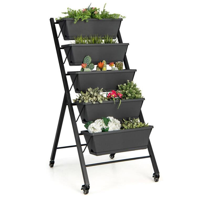 Back. Mondawe - 50 Inch Wooden Planter Box with Trellis and Lockable Wheels, Raised Garden Bed - Brown.