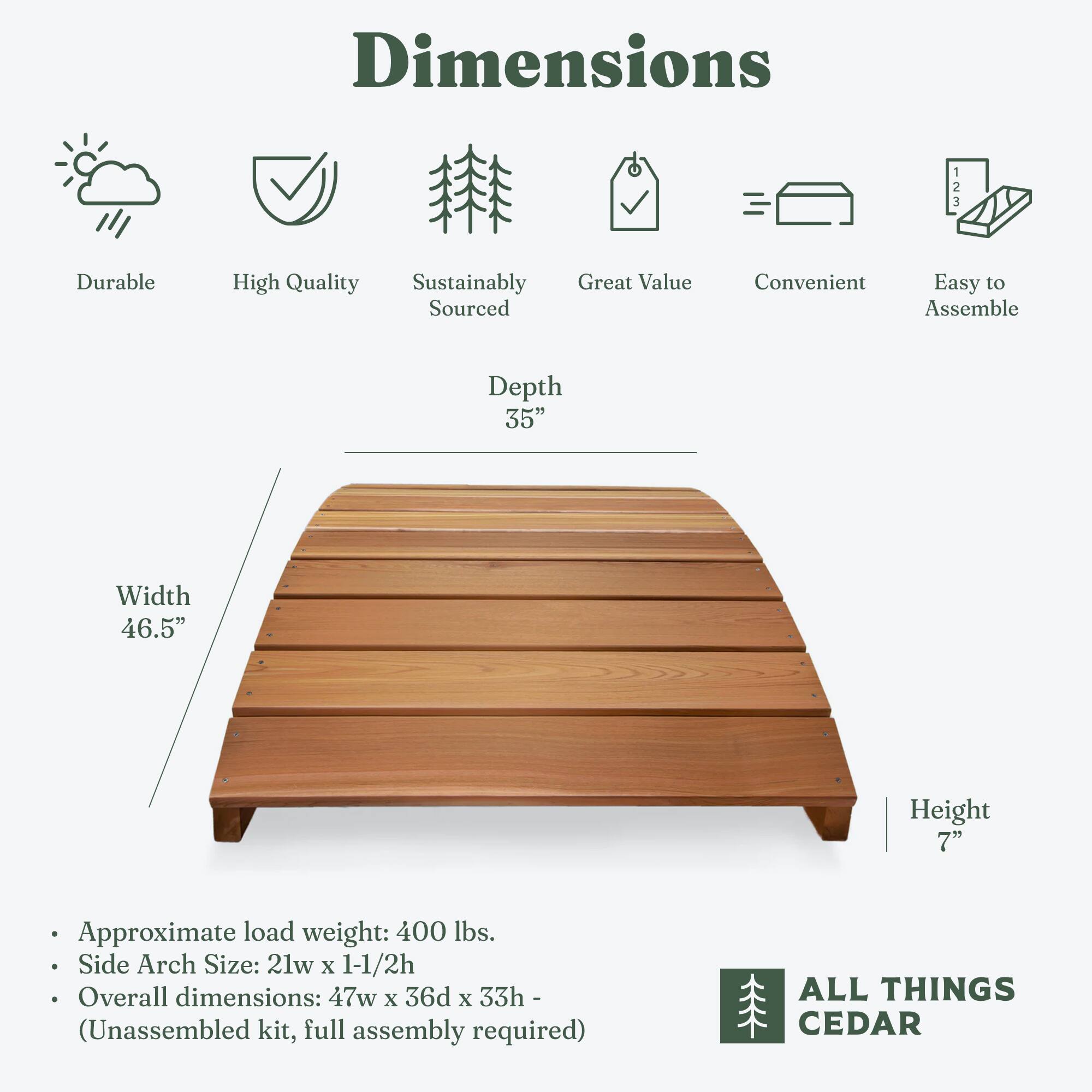 **Dimensions**

- **Durable**
- **High Quality**
- **Sustainably Sourced**
- **Great Value**
- **Convenient**
- **Easy to Assemble**

**Depth:** 35"  
**Width:** 46.5"  
**Height:** 7"

- **Approximate load weight:** 400 lbs.
- **Side Arch Size:** 21w x 1-1/2h
- **Overall dimensions:** 47w x 36d x 33h (Unassembled kit, full assembly required)

**ALL THINGS CEDAR**