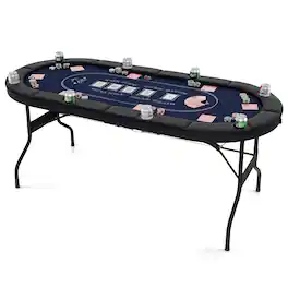 Gymax - 8 Player Foldable Poker Table Portable Folding Texas Holdem Table w/Padded Rail - Blue