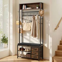 VEVOR - Hall Tree, 70.9 in Coat Rack with Shoe Bench & 3 Drawers, 3-in-1 Freestanding Shoe Rack Storage Organizer with Bookshelf - Brown