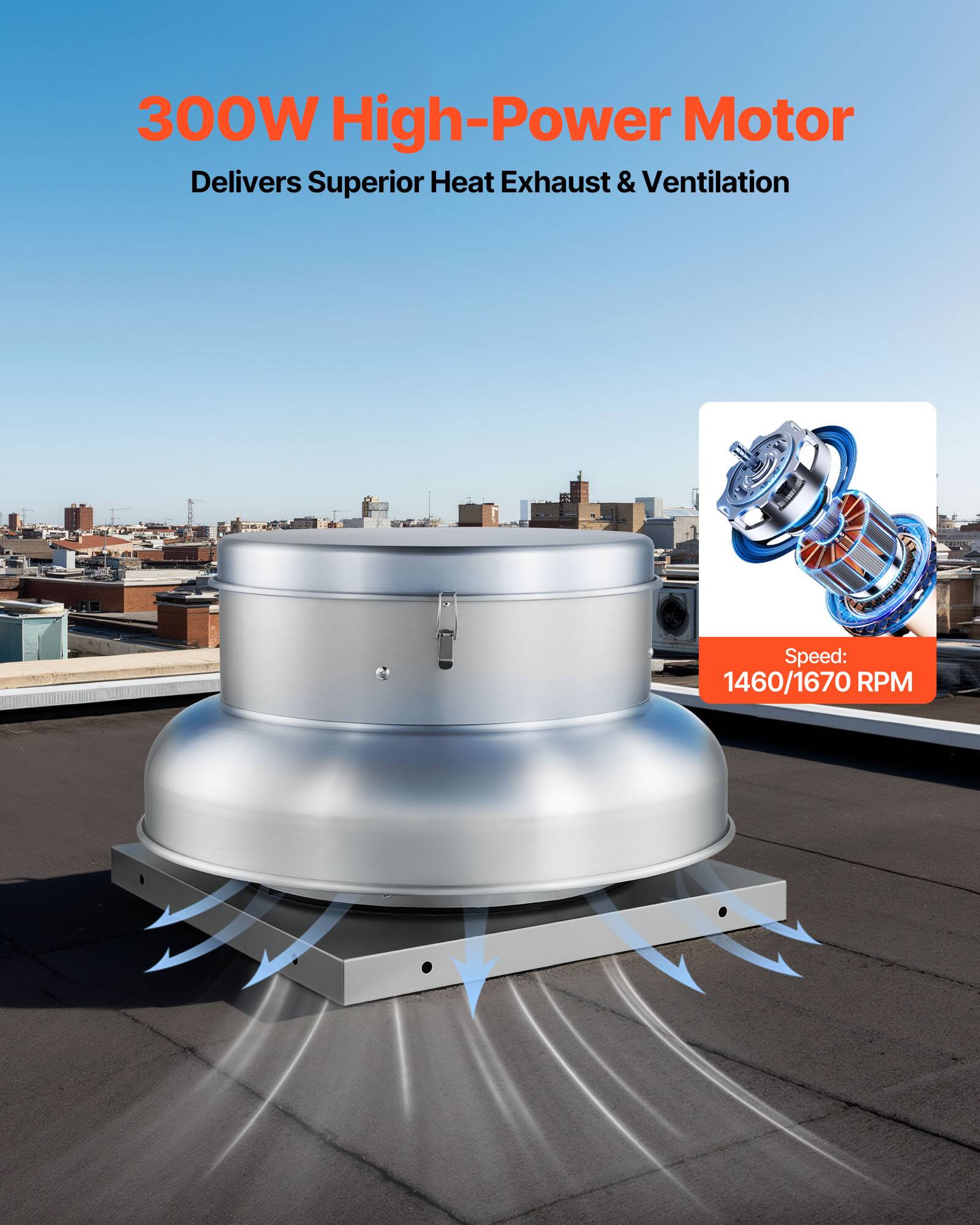 300W High-Power Motor Delivers Superior Heat Exhaust & Ventilation  
Speed: 1460/1670 RPM