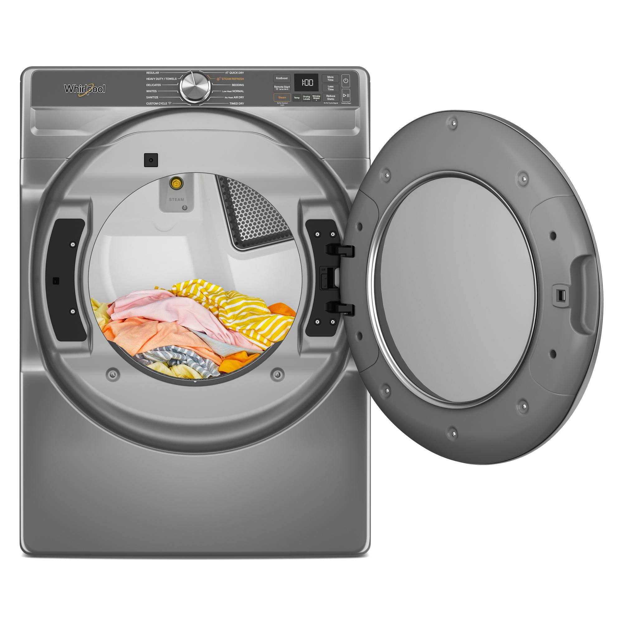 Washing machine with a drum full of clothes.