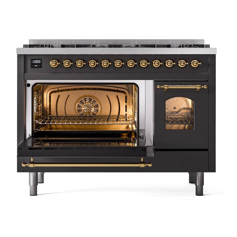 Alt View 4. ILVE - ILVE Nostalgie II 48 inch Dual Fuel Range with 8 Black Brass Sealed Burners (Limited Edition) (Graphite Matte, Brass) - Graphite Matte.