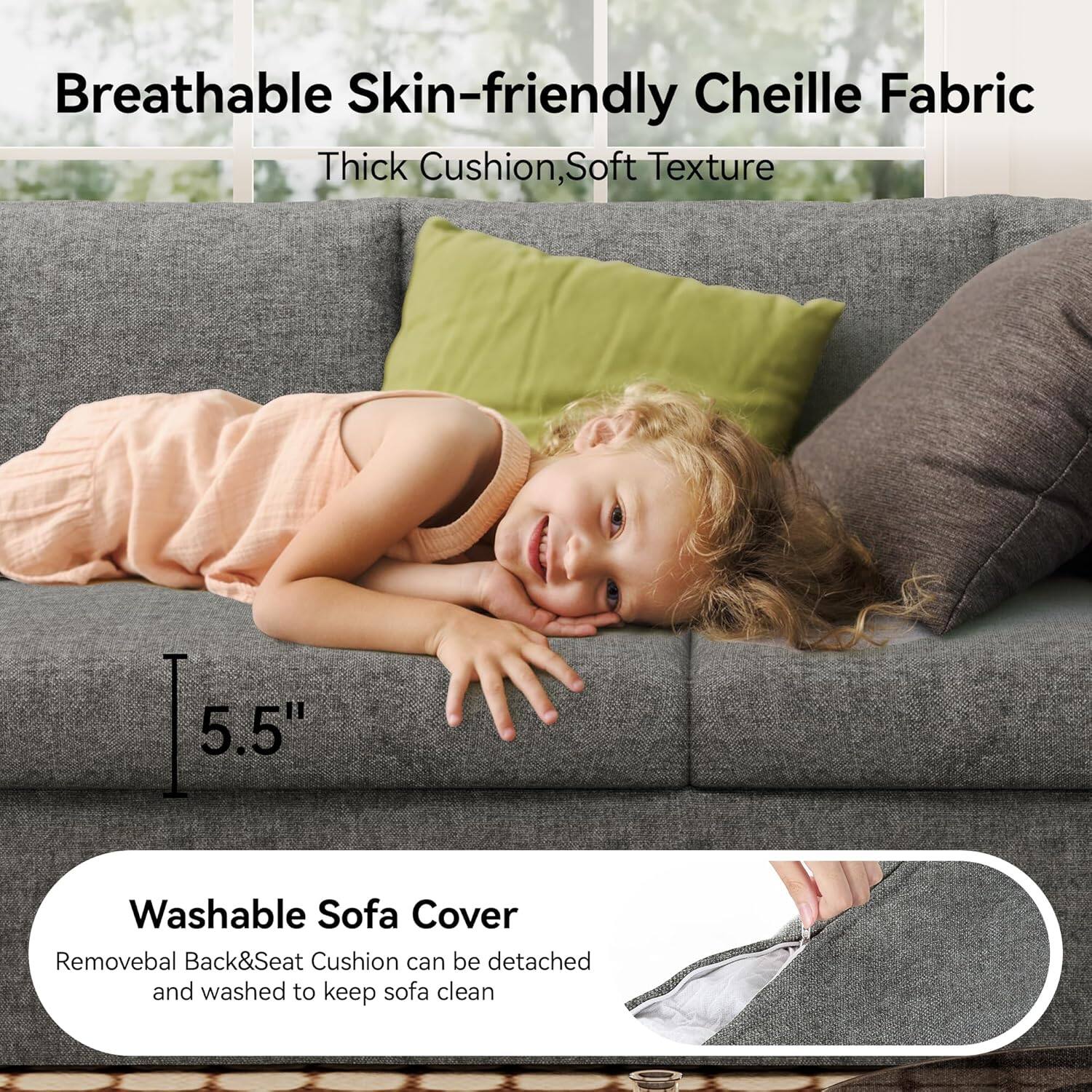 Breathable Skin-friendly Cheille Fabric, Thick Cushion, Soft Texture, 5.5", Washable Sofa Cover, Removebal Back&Seat Cushion can be detached and washed to keep sofa clean