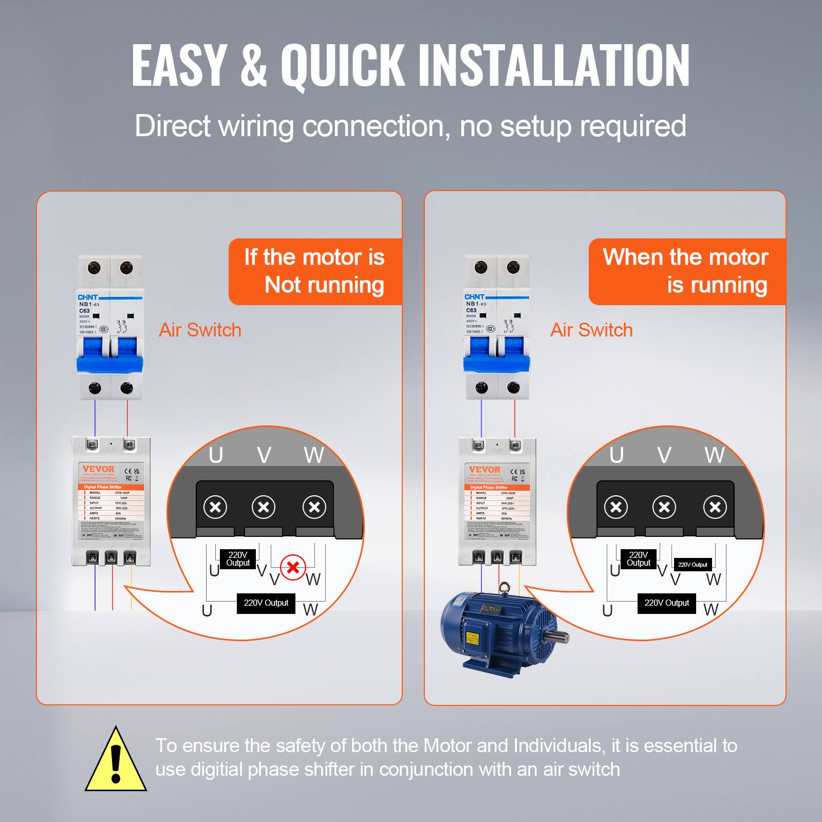 EASY & QUICK INSTALLATION  
Direct wiring connection, no setup required

CHNT N31.45 AT C63  
If the motor is Not running  
Air Switch  
CHNT NO1 C63 - COOKIE -  

When the motor is running  
Air Switch  
VEVOR CEB  
U V W  
VEVOR CEM  
U V W  

220V Output  
220V Output  
220V Output  
220V Output  

To ensure the safety of both the Motor and Individuals, it is essential to use digital phase shifter in conjunction with an air switch