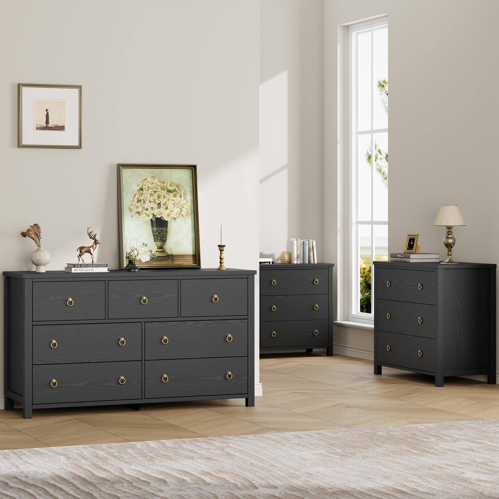 Alt View 5. Jojoka - 7 Drawer Dresser for Bedroom, 54 in Wide Dresser, Chest of Drawers, Wooden Dressers Chest with Clothes Storage Cabinet - Black.