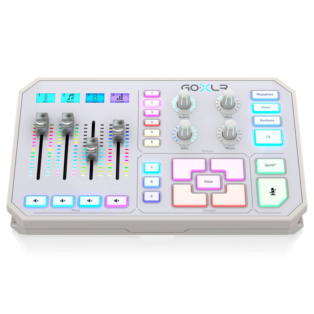 1 mic  
2 music  
3 out  
4 system  

5 Reverb  
6 Pitch  
7 Echo  
8 Effects  
9 Morph  

A  
B  
C  

GOXLR Megaphone  
Robot  
Hardtune  
FX  

Clear & Sampler  

Mixer