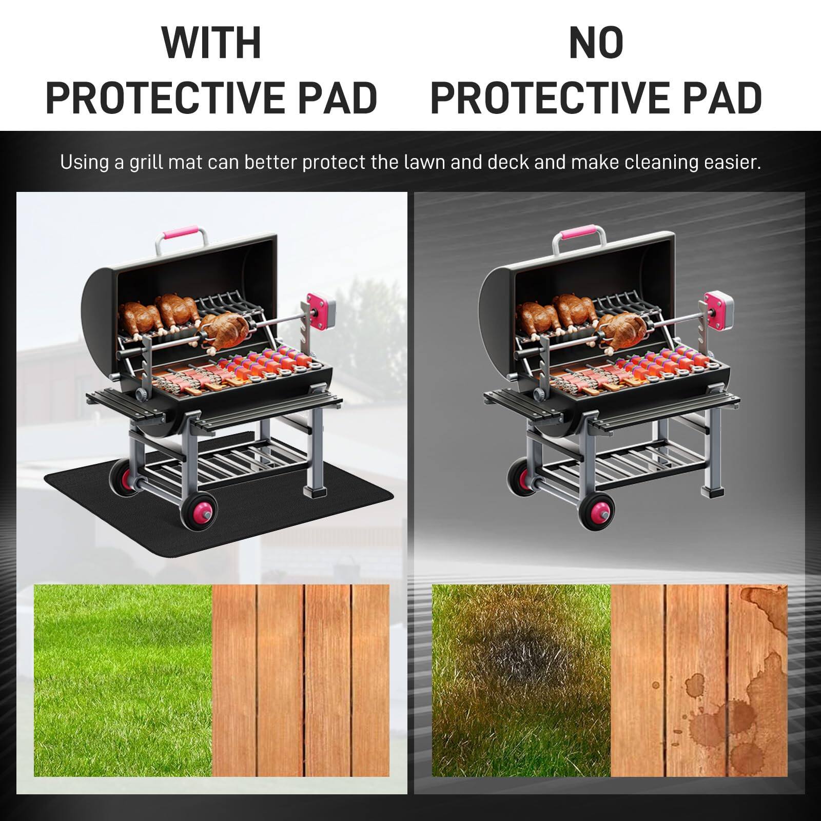 WITH PROTECTIVE PAD  
Using a grill mat can better protect the lawn and deck and make cleaning easier.

NO PROTECTIVE PAD  
Using a grill mat can better protect the lawn and deck and make cleaning easier.