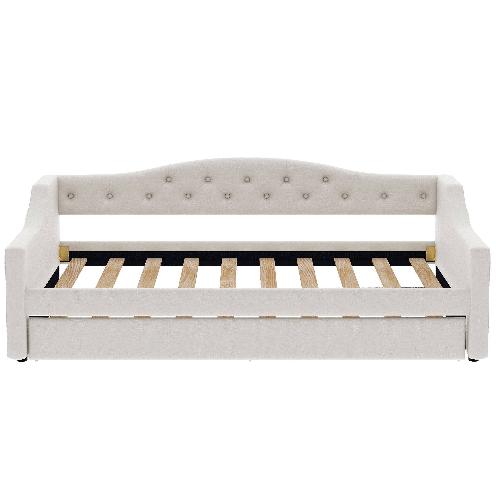 Back. Whisen - Twin XL Size Daybed with Trundle, Upholstered Bed Frame with LED Lights for Guest Bedroom & Living Room - Beige.
