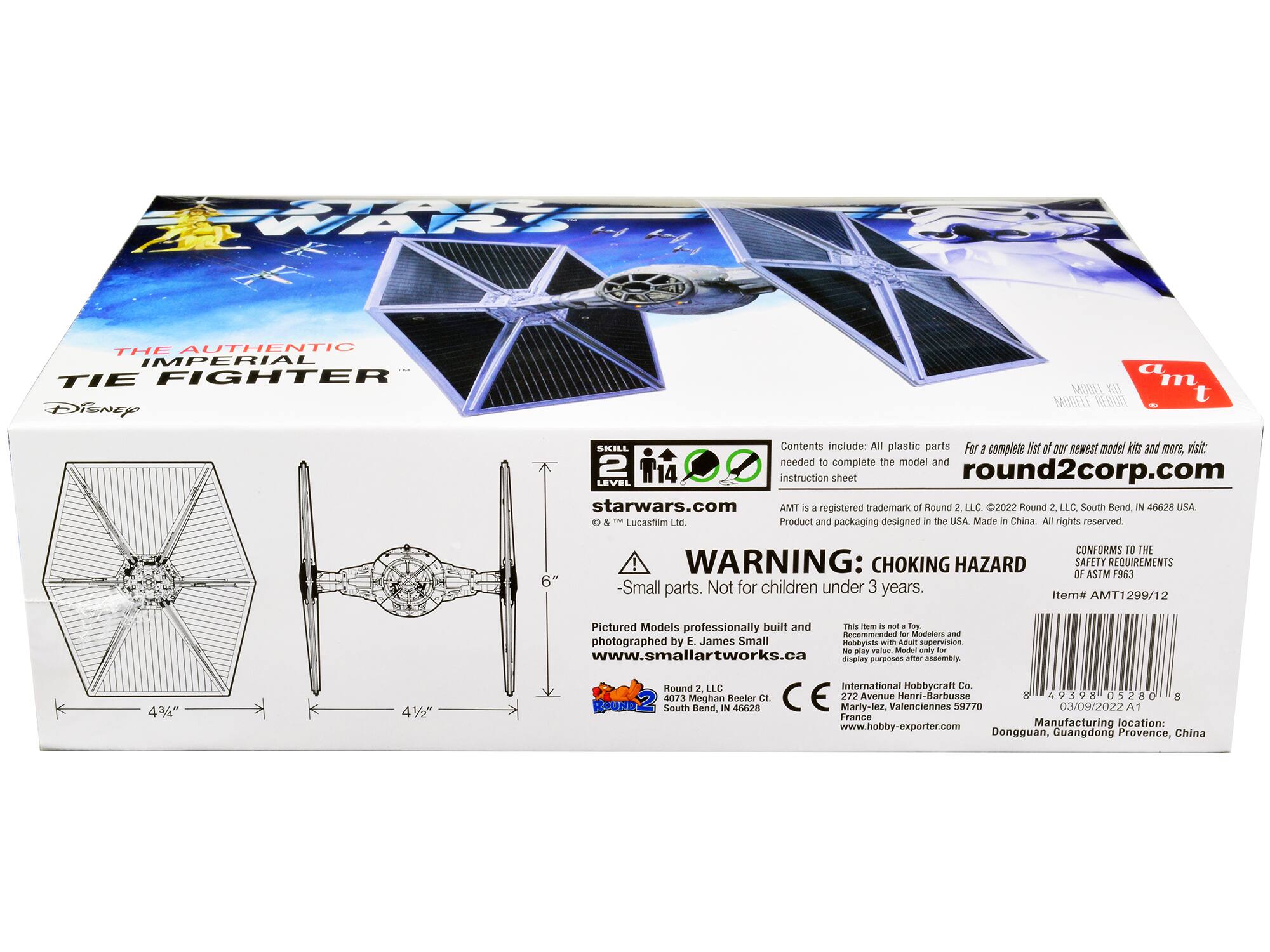 **STAR WARS**

**THE AUTHENTIC IMPERIAL TIE FIGHTER**

**SKILL LEVEL 2**

**Contents include: All plastic parts needed to complete the model and instruction sheet**

**For a complete list of our newest model kits and more, visit: round2corp.com**

**starwars.com**

**AMT is a registered trademark of Round 2 LLC. © & ™ Lucasfilm Ltd.**

**WARNING: CHOKING HAZARD - Small parts. Not for children under 3 years.**

**Item# AMT1299/12**

**Pictured Models professionally built and photographed by E. James Small www.smallartworks.ca**

**Recommended for Modelers and display purposes after assembly.**

**Product and packaging designed in the USA. Made in China.**

**All rights reserved.**

**CONFORMS TO THE SAFETY REQUIREMENTS OF ASTM F963**

**Manufacturing location: Dongguan, Guangdong Province, China**

**Round 2, LLC South Bend, IN 46628 USA**

**International Hobbycraft Co. 72 Avenue Henri-Barbusse 03/09/2001 Valenciennes 59