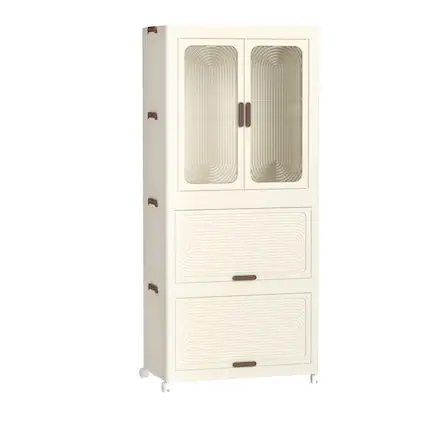 Front. Boyel Living - Portable Wardrobe 4 Cubes Magnetic Doors Hanging Rod Clothes Storage Cream White - Cream White.
