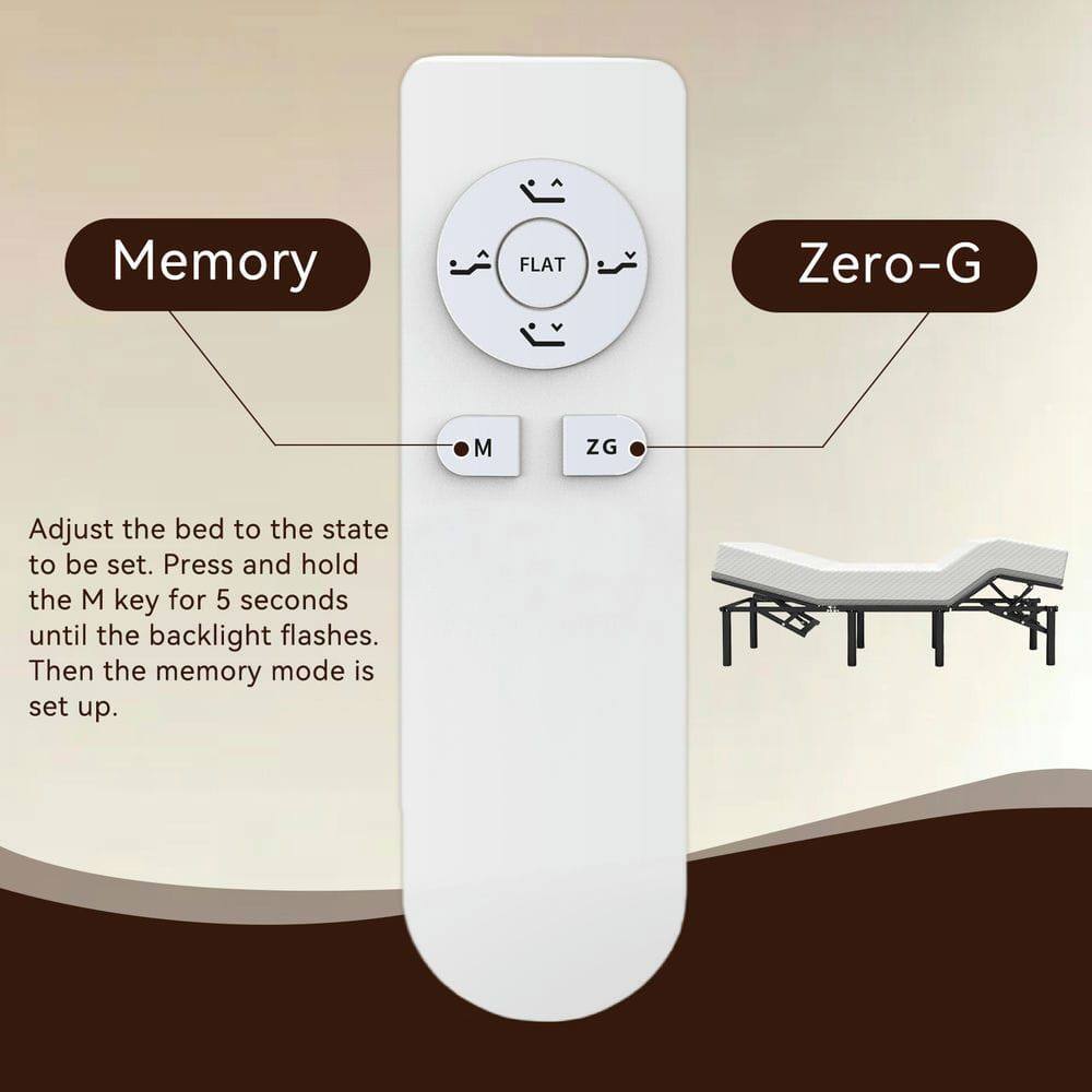 Memory FLAT Zero-G

Adjust the bed to the state to be set. Press and hold the M key for 5 seconds until the backlight flashes. Then the memory mode is set up.