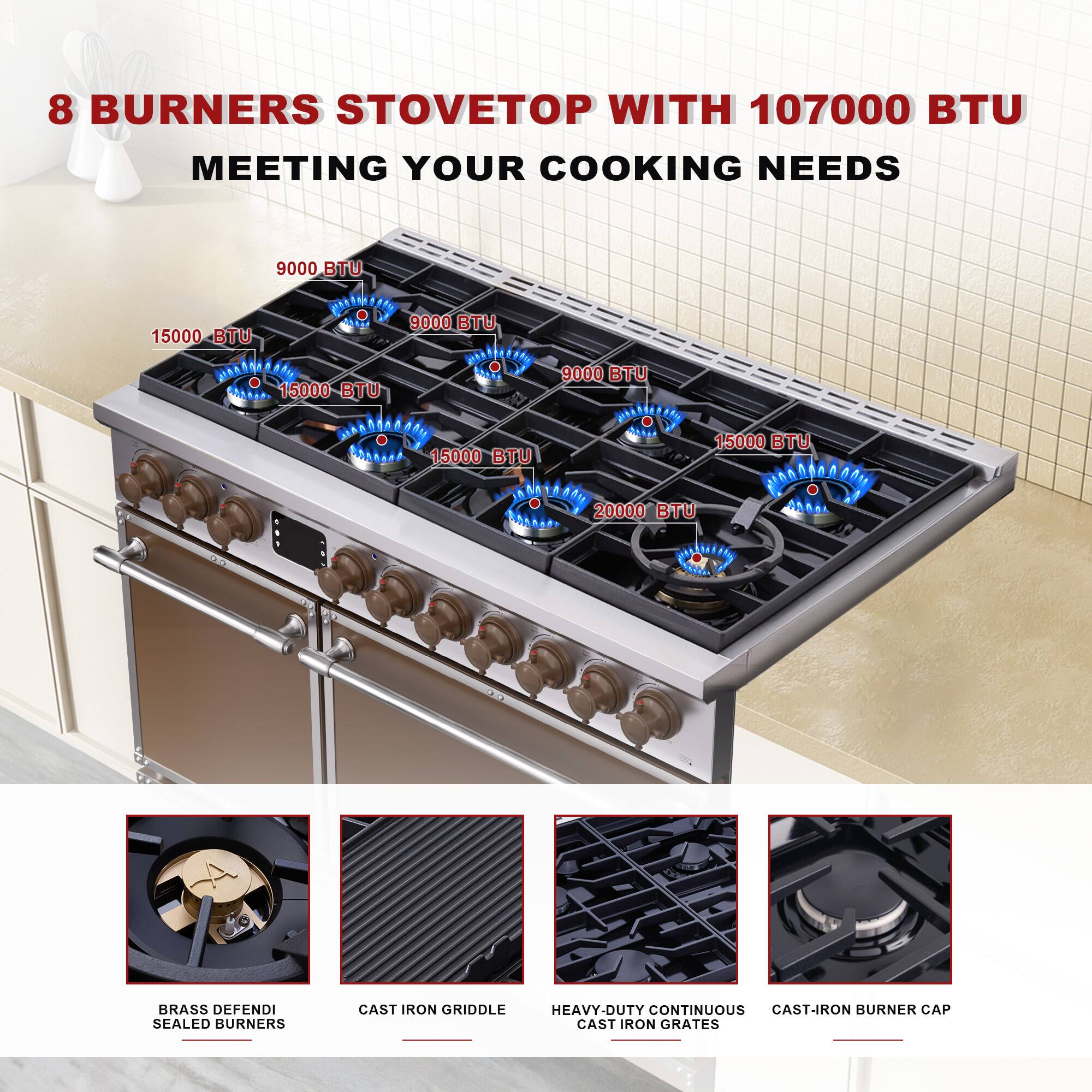 8 BURNERS STOVETOP WITH 107000 BTU MEETING YOUR COOKING NEEDS

9000 BTU  
15000 BTU  
15000 BTU  
15000 BTU  
20000 BTU  

BRASS DEFENDI SEALED BURNERS  
CAST IRON GRIDDLE  
HEAVY-DUTY CONTINUOUS CAST-IRON GRATES  
CAST-IRON BURNER CAP