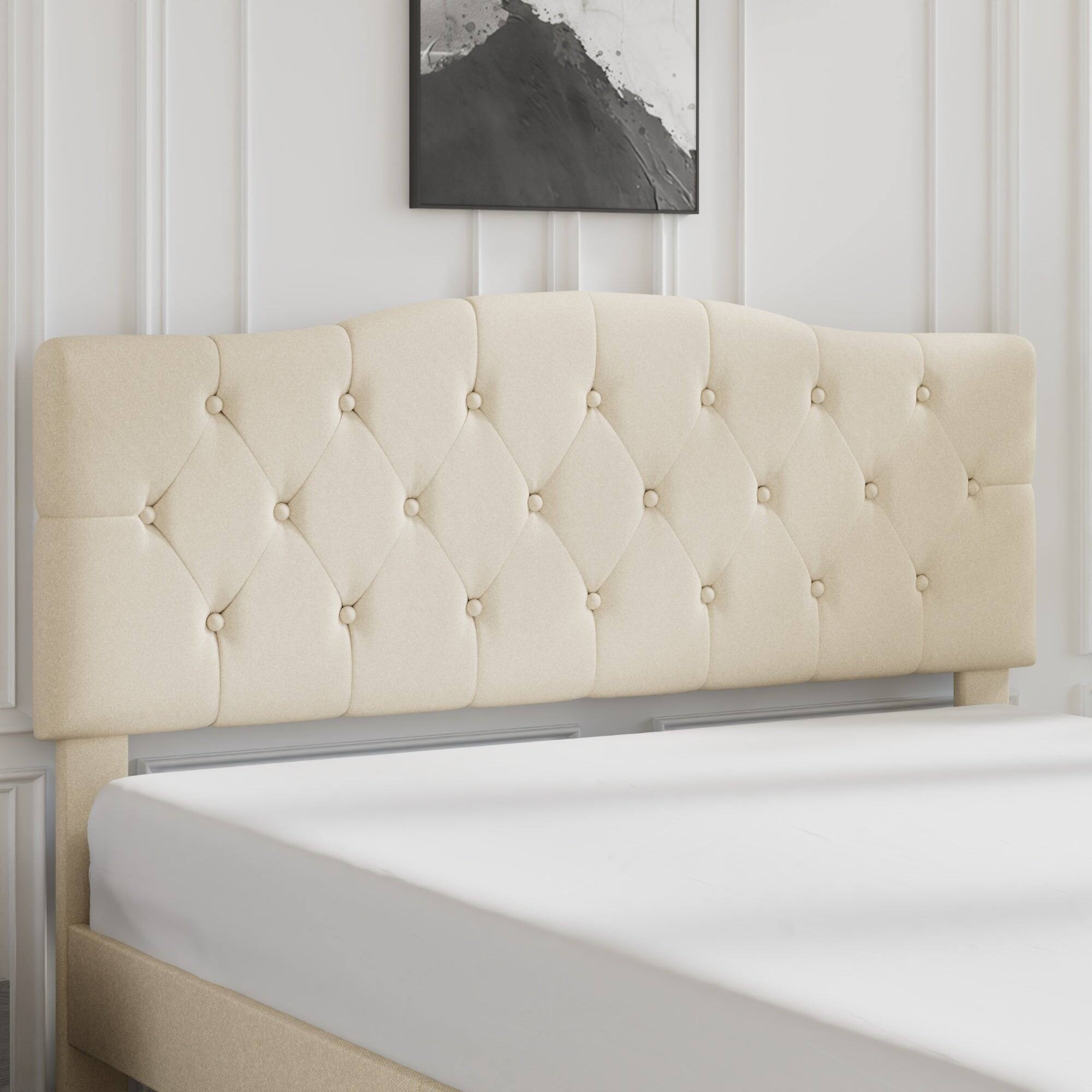 Left. Vecelo - Queen Upholstered Platform Bed Frame with Adjustable Tufted Headboard, Heavy-Duty Metal & Wood Slats, Noise-Free Design - Beige.